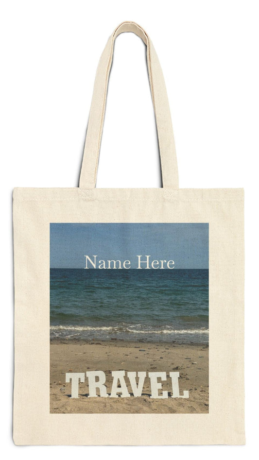 Travel Tote Bag Natural Color 15” x 16” Cotton Canvas Print on One Side. “Beach Travel Bag” (Personalize it)