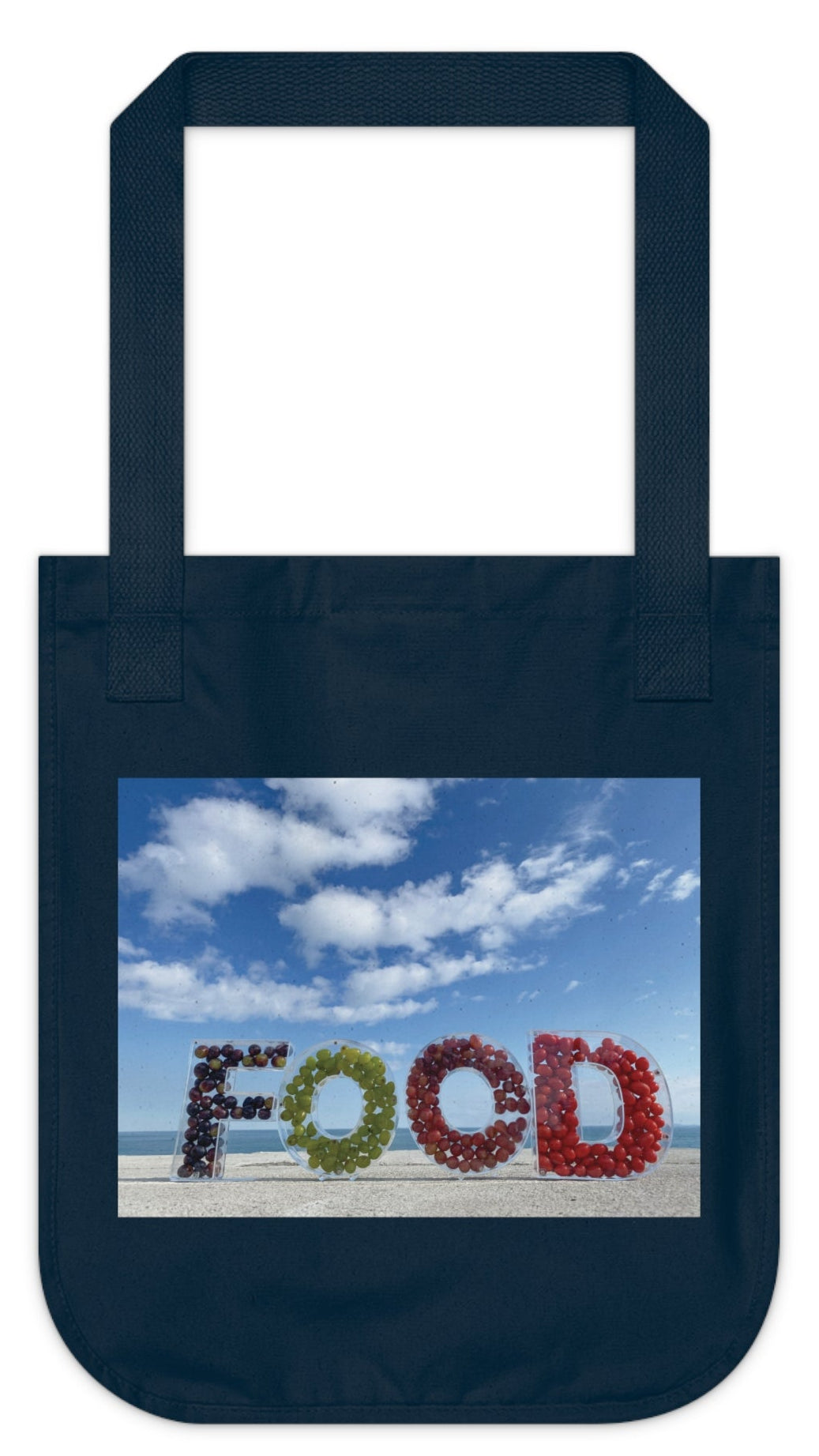Food Tote Bag Organic Cotton Canvas"14.50 x 12.50" (Print on One Side) Colors: Natural, Black, Blue. "Seashore Food Bag".