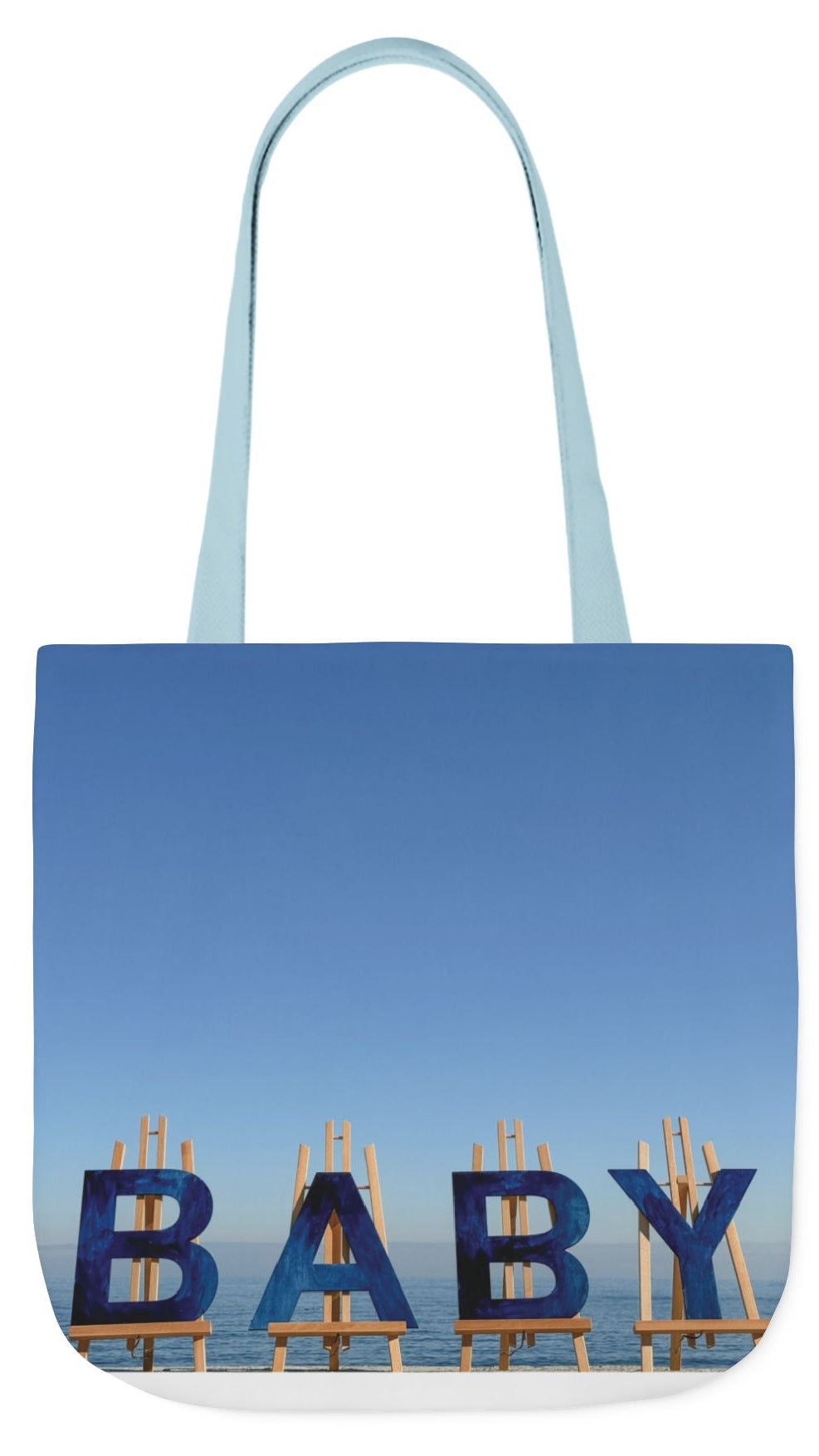 Baby Tote Bag (Blue Handles) 18” x 18”with the same print on each side. Blue or white handles option. "Shoreline Baby Tote Bag".