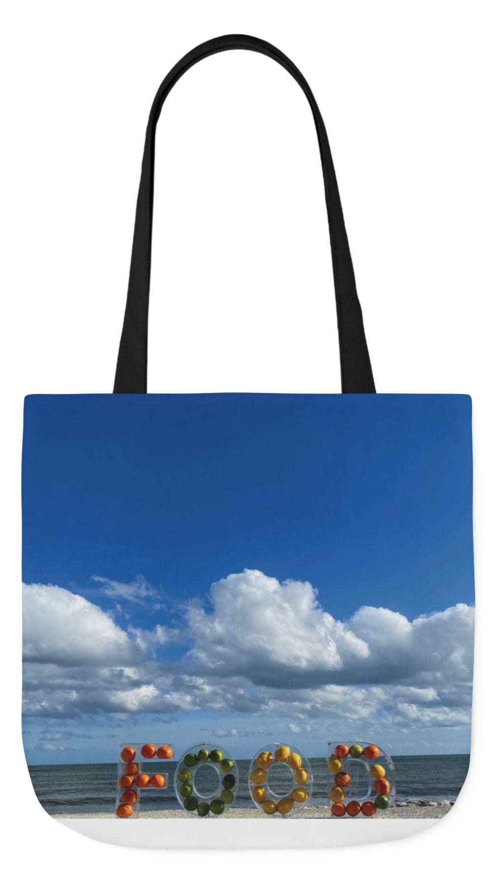 Food Tote Bag 18" x 18" with the Same Print on Both Sides and 4 handle color options (Black, Blue, Pink, White). "Beachy Food Bag"