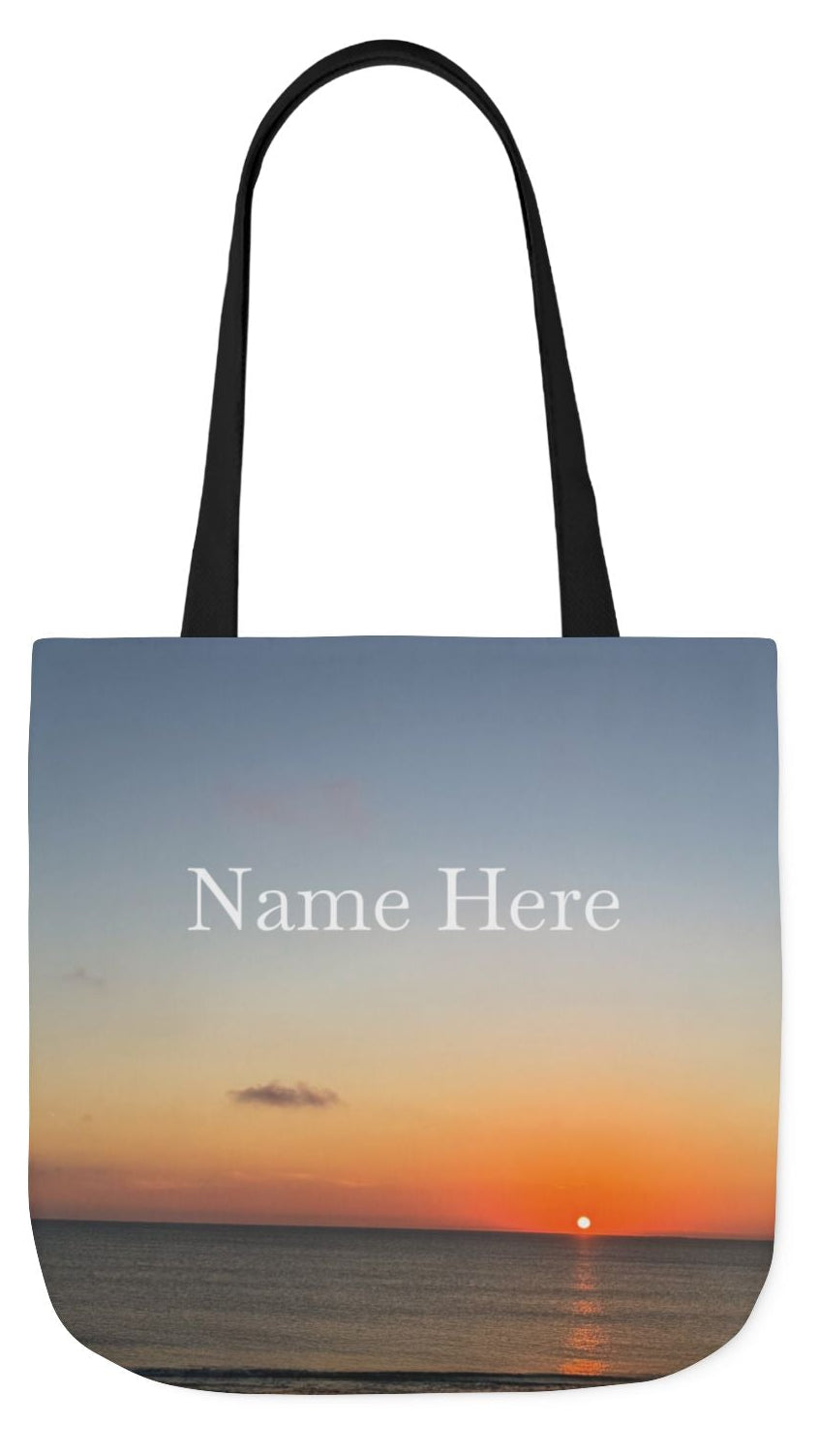 Personalized Everyday Tote Bag 13” x 13” different print on each side. 5 Handle Color Options. option. “Seaside Sunrising”