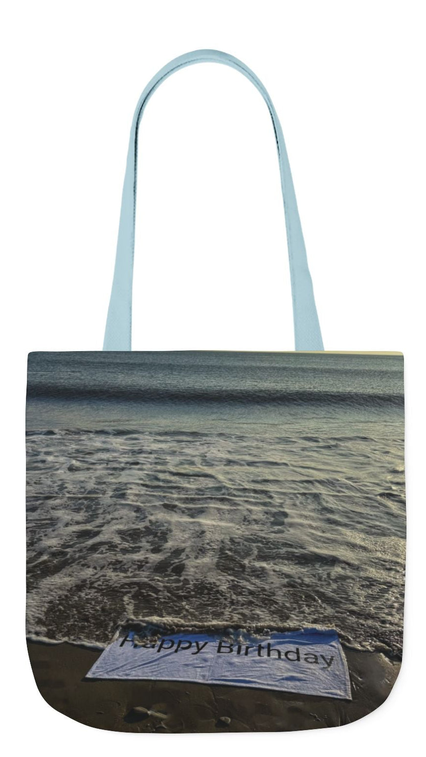 Birthday Tote Bag 13” x 13” different print on each side. 3 Handle Color Options. “Beachfront Birthday Bag Personalized”
