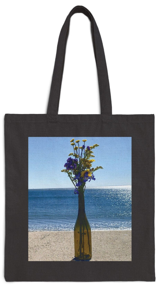 Floral Tote Bag Black 15” x 16” Cotton Canvas Print on One Side. "Shoreline Flowers in a Bottle"