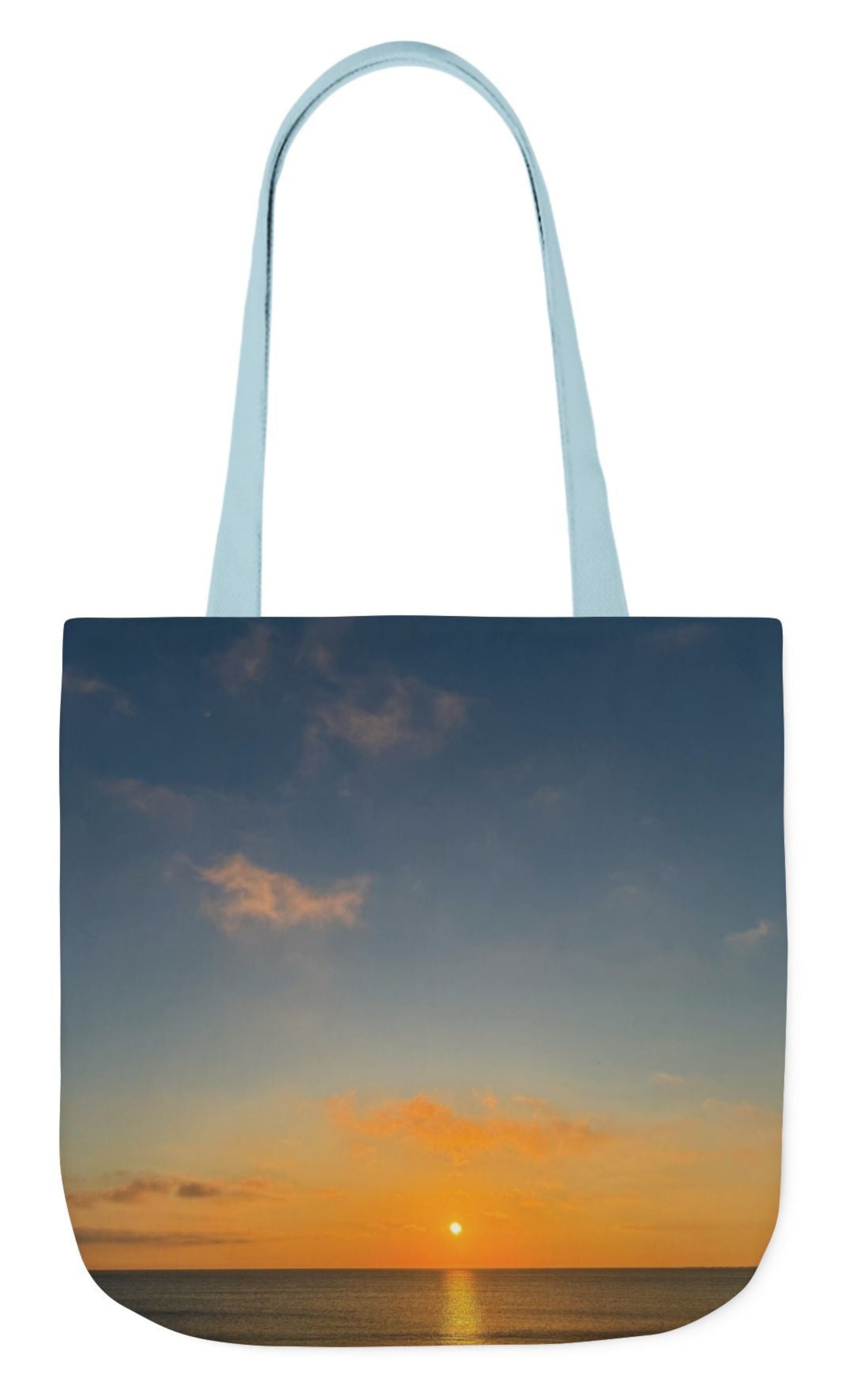 back of pet's name tote bag with blue handles sunrising