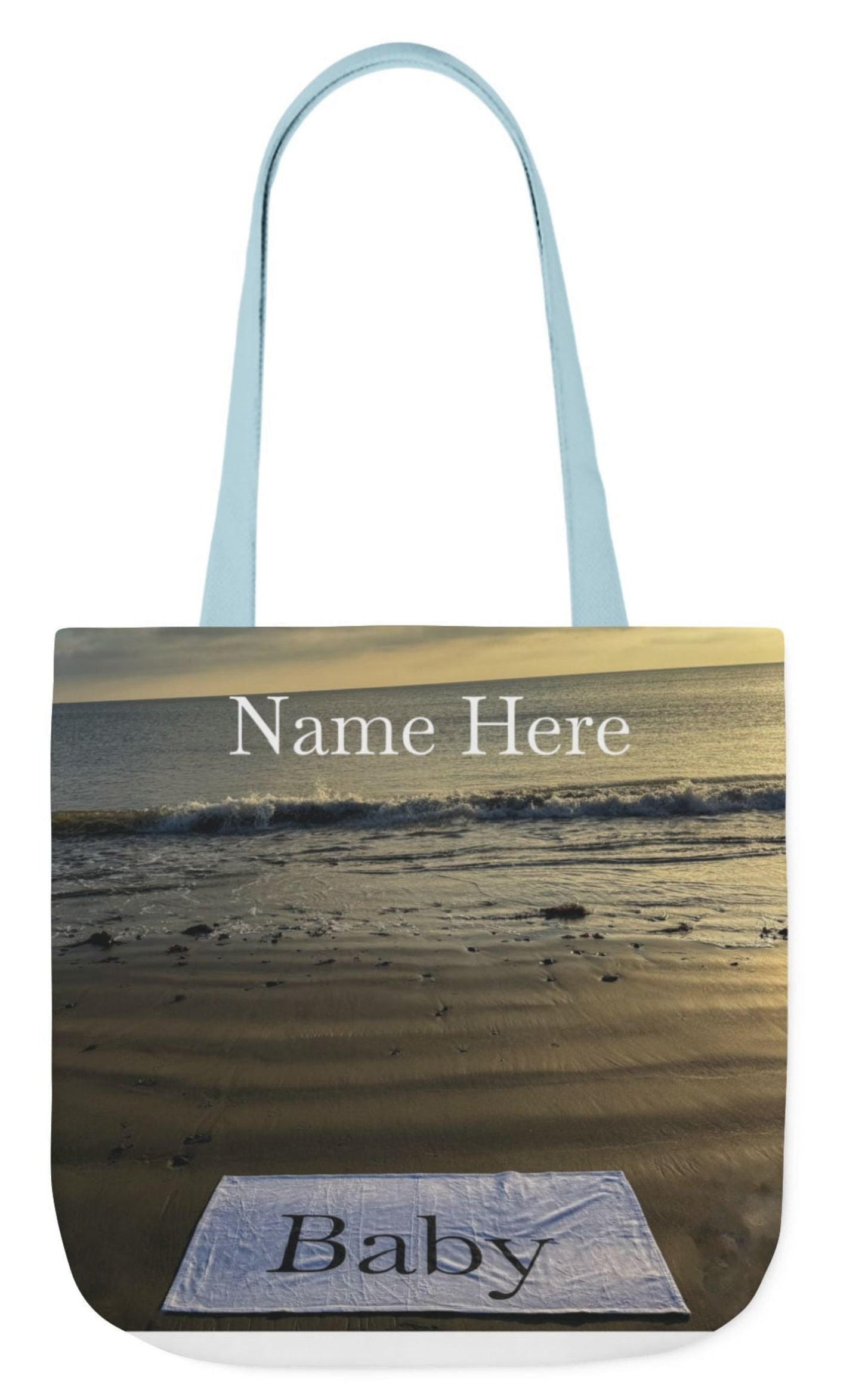 personalized baby tote bag beach themed 18" x 18" blue handles
