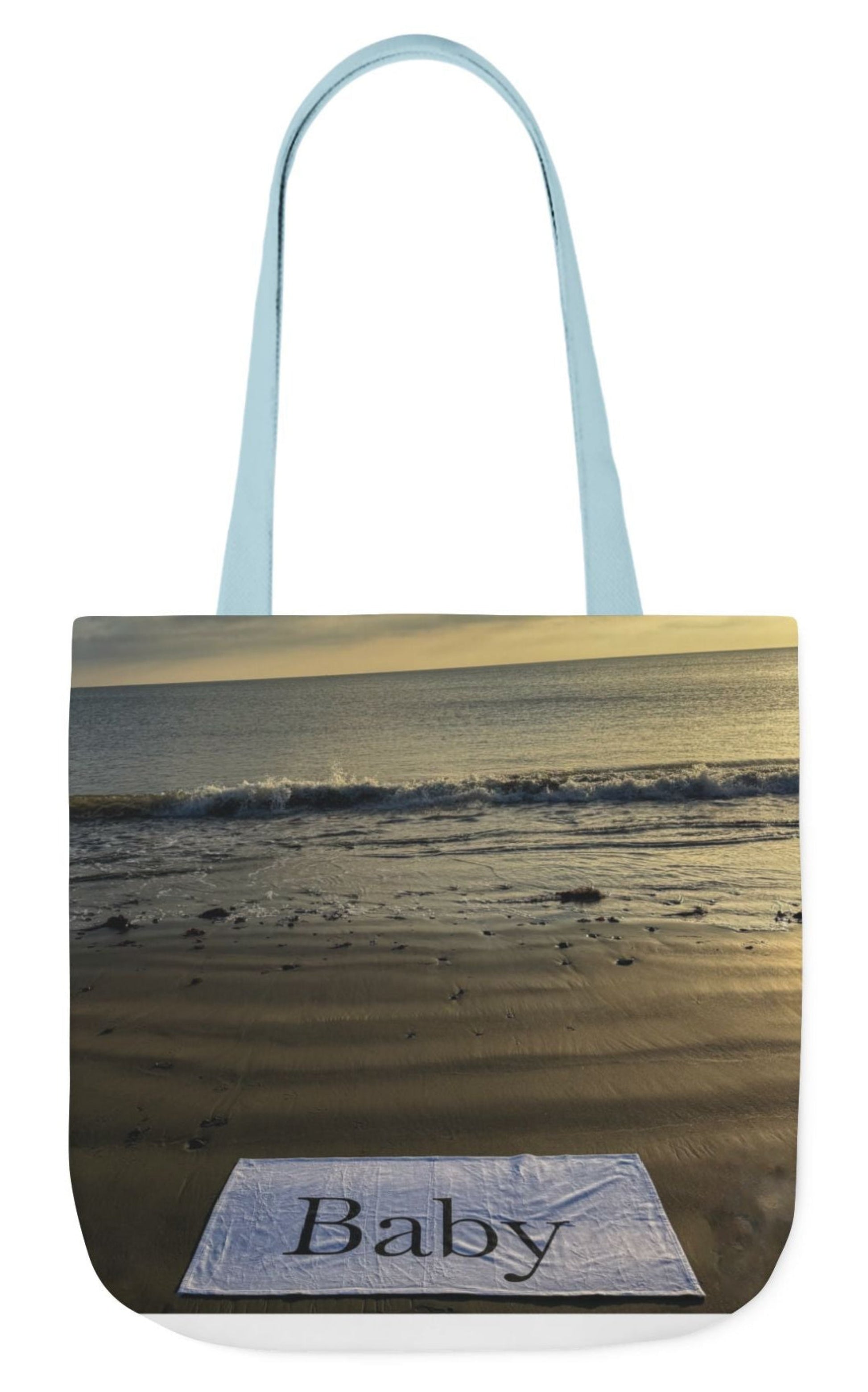 baby tote bag different print on each side blue handles 18" x 18"