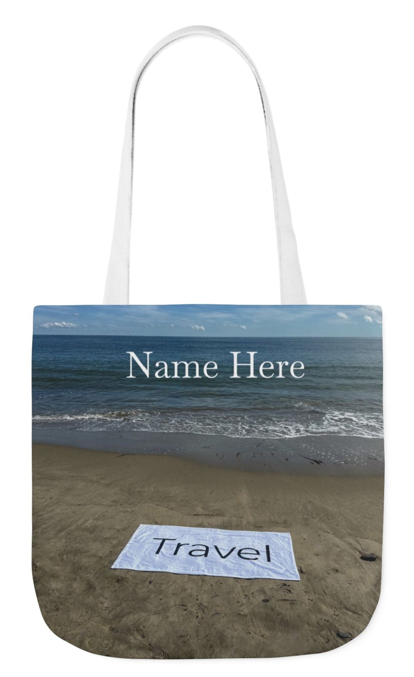 personalized travel tote bag 18 x 18 with white handles beachfront