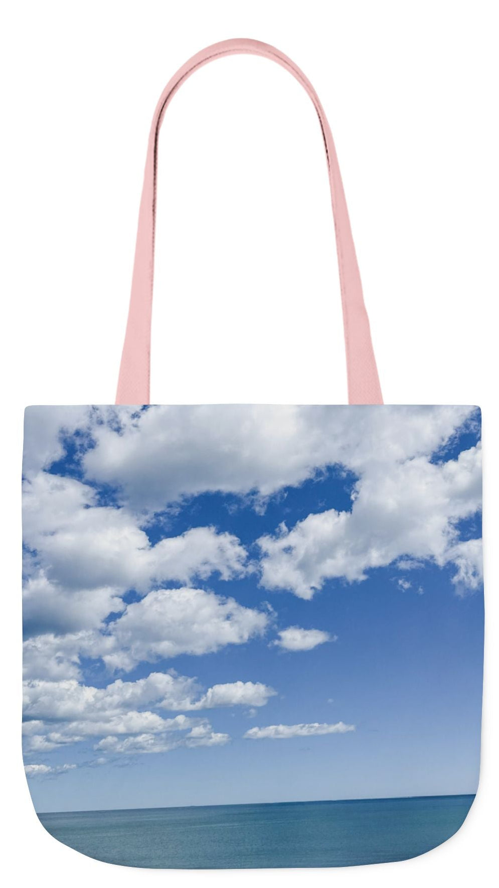 Personalized Everyday Tote Bag 18” x 18” same print on each side. 3 Handle Color Options. “Seaside Bright Clouds”