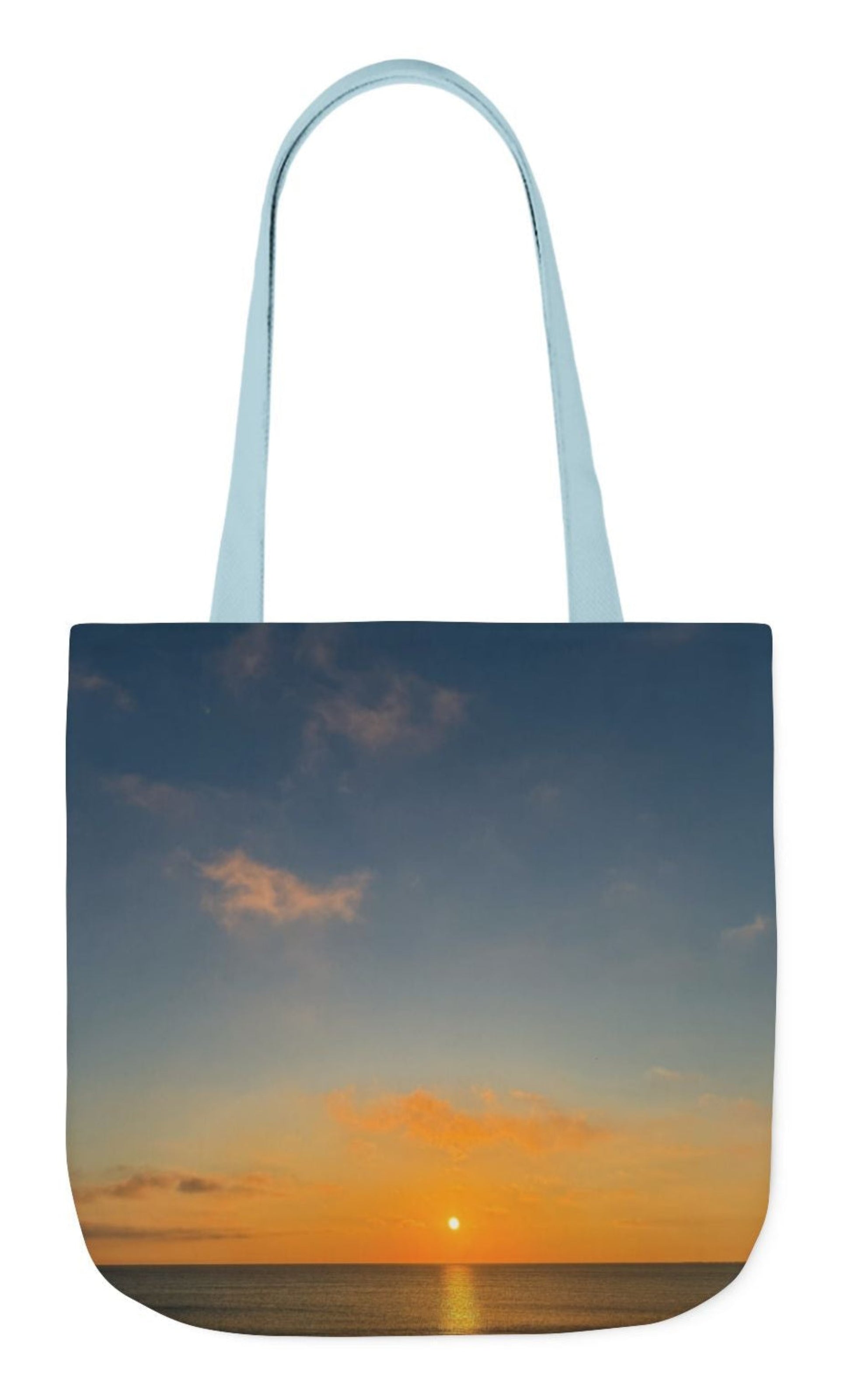 pet's name tote bag 13 x 13 blue handles seaside sunrising