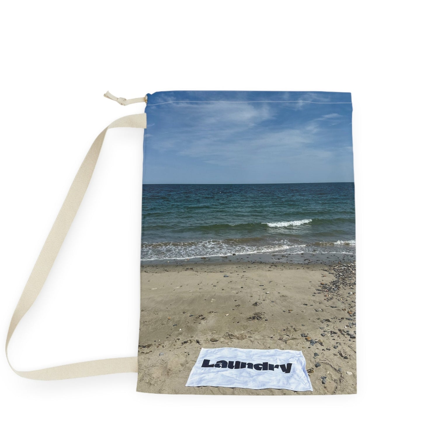Laundry bag with shoulder strap and drawstring. Allover same print on both sides. "28 x "36. "Seaside Laundry Day".