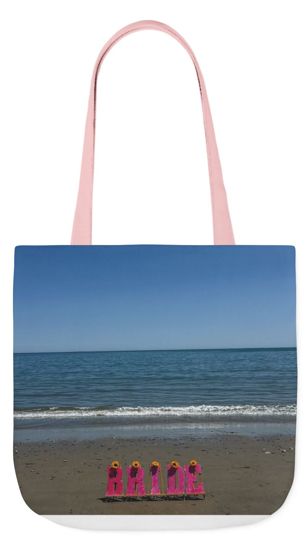 Bride Tote Bag 18” x 18”different print on each side. Choice of Pink or White Handles. "Shoreline & Beachfront Bride Bag Personalized"