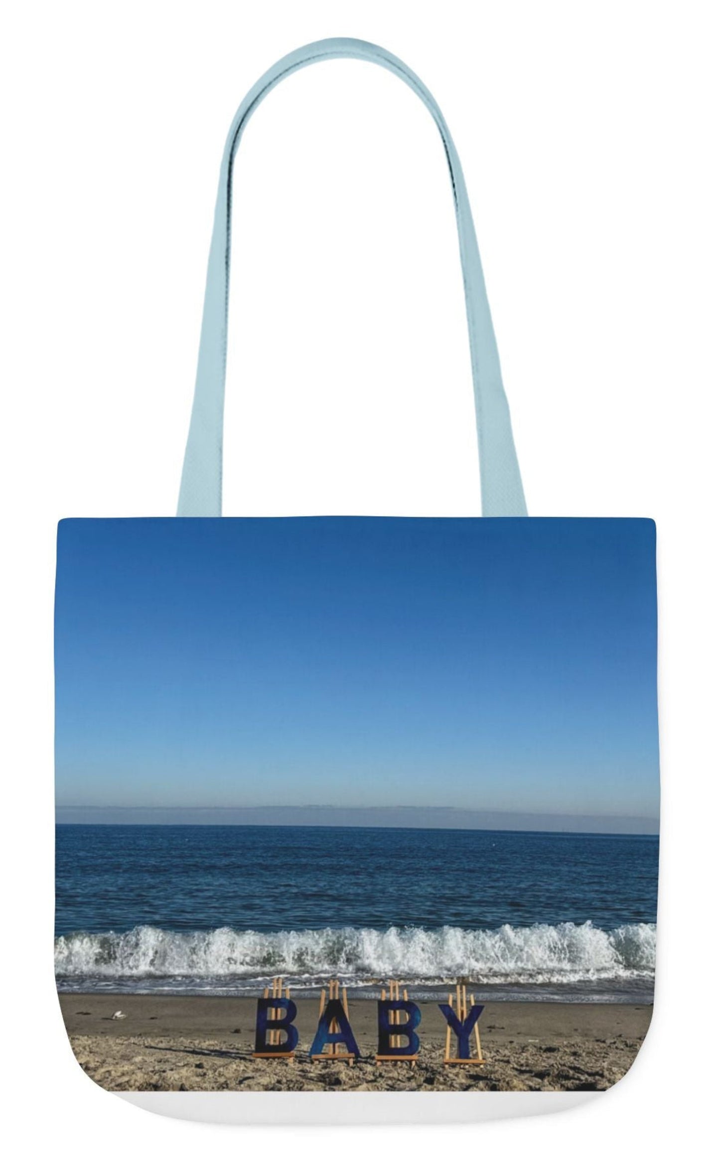 back of a personalized baby tote bag 18" x 18" blue handles