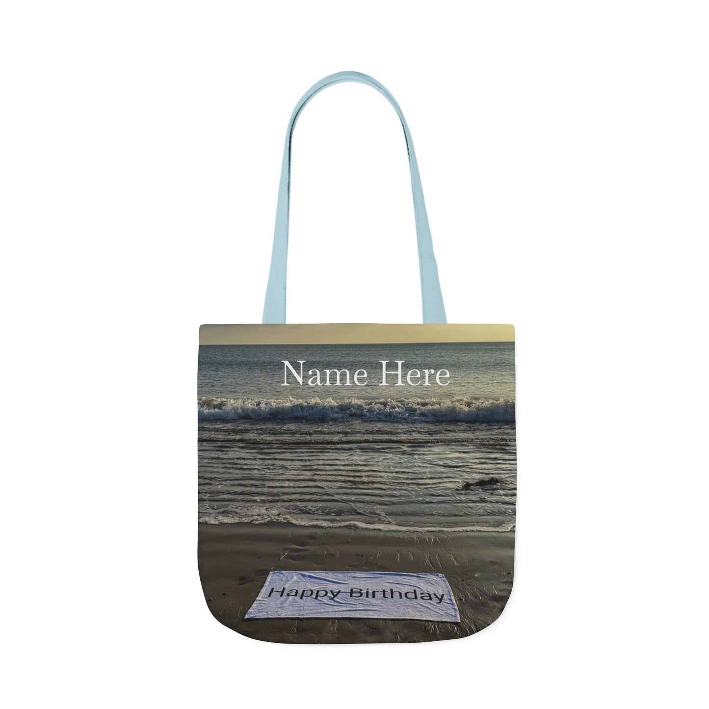 Birthday Tote Bag 18” x 18” different print on each side. 3 Handle Color Options. “Beach & Beachfront Birthday Bag Personalized”