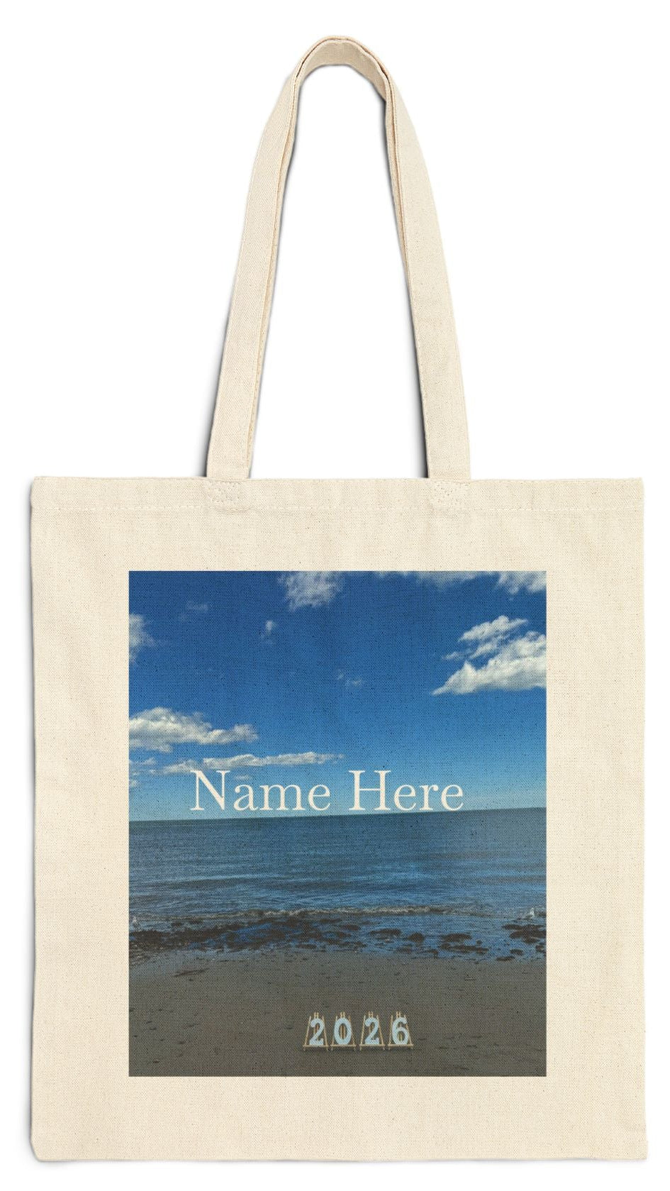 Personalized 2026 Tote Bag 15” x 16” Natural Color Cotton Canvas Print on One Side. “2026 Seagulls at the Beach”