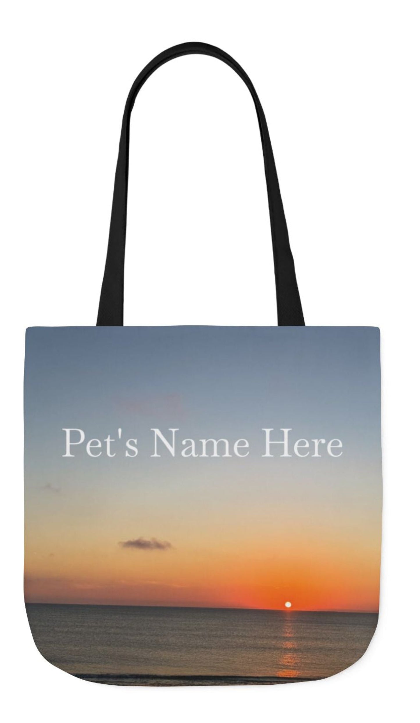 pet's name tote bag 13 x 13 black handles seaside sunrising