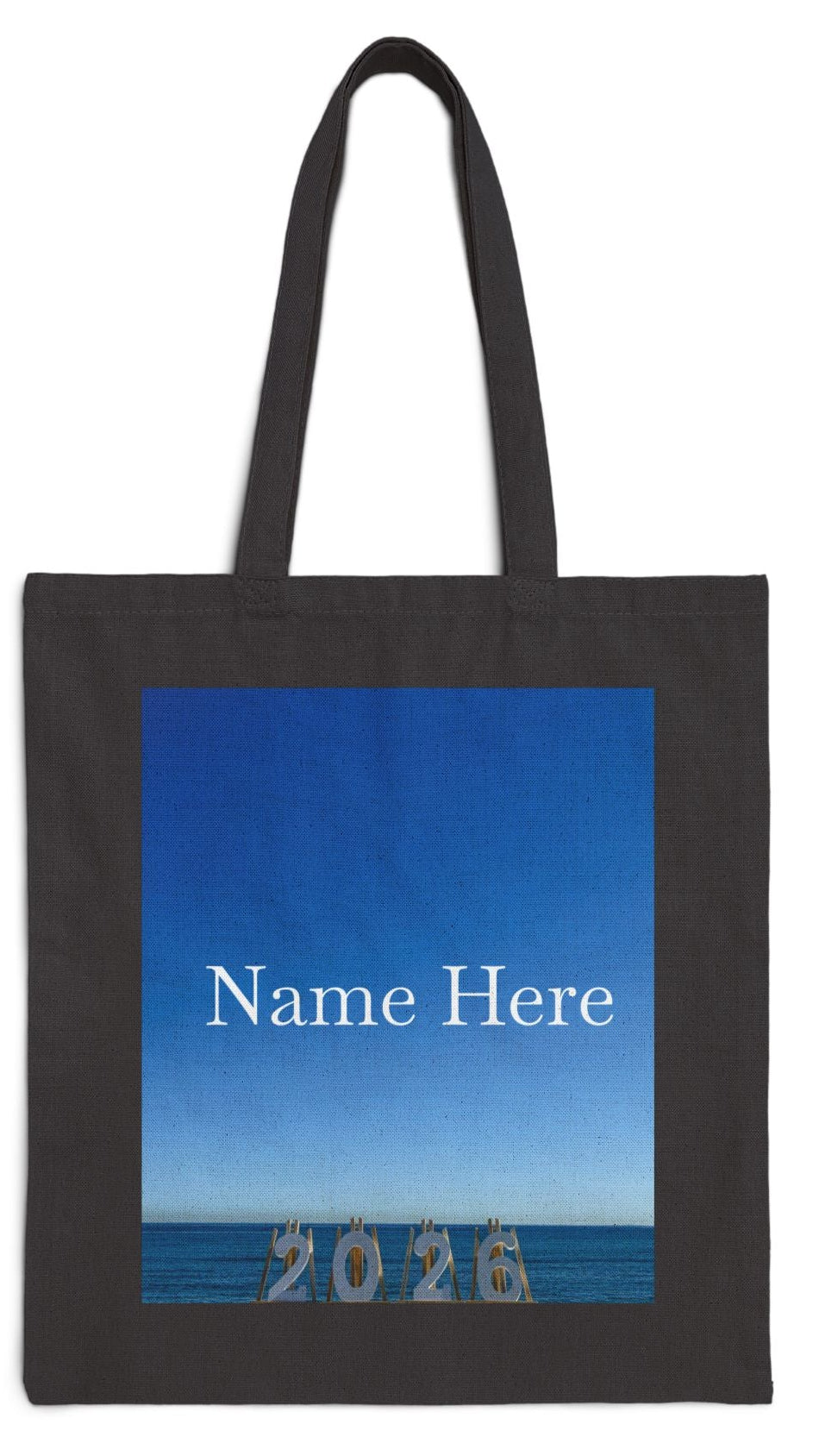 Personalized 2026 Tote Bag Black Cotton Canvas Tote Bag. “Seaside 2026”
