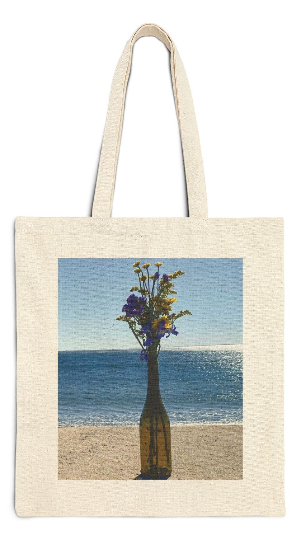 Floral Tote Bag Natural Color 15” x 16” Cotton Canvas Print on One Side. "Shoreline Flowers in a Bottle"