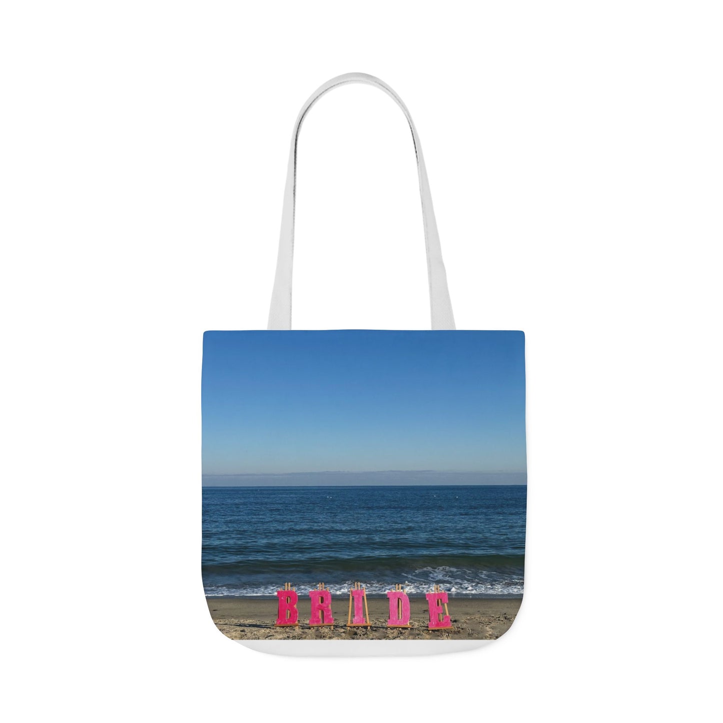 Bride Tote Bag 18” x 18” different print on each side. Pink or White Handles option. “Seaside & Beach Bride Bag”