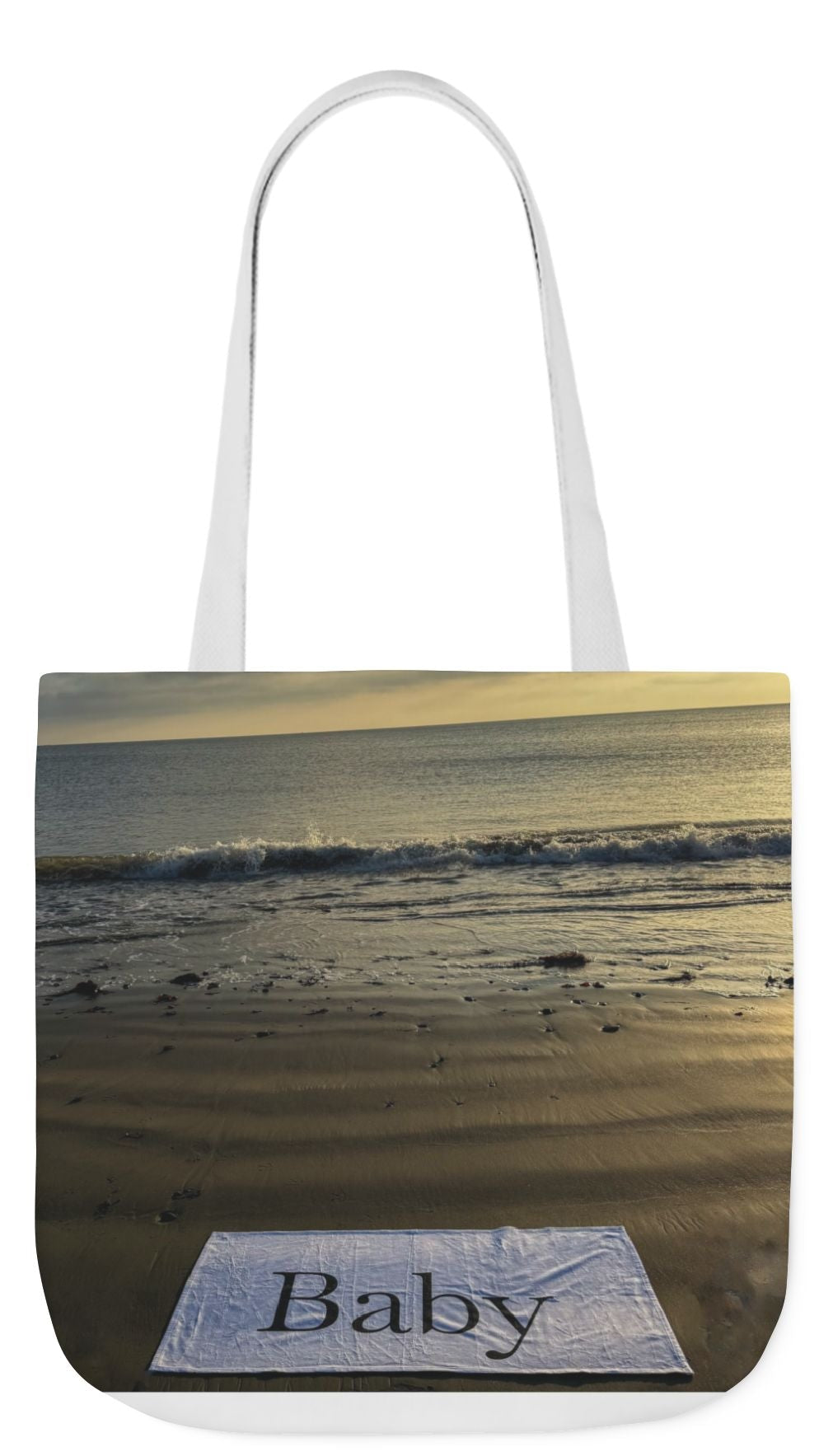 Baby Tote Bag 18" x 18" same print on each side. White, Blue or Pink Handles Option. "Daybreak Baby Tote Bag Personalized"