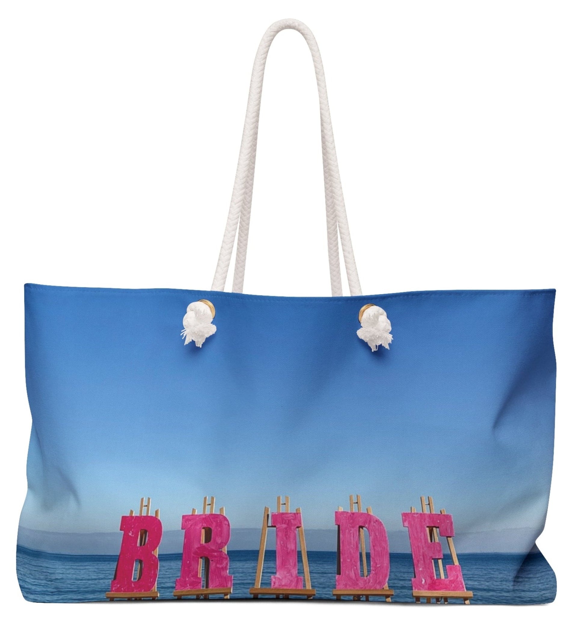 bride weekender tote bag with white rope handles