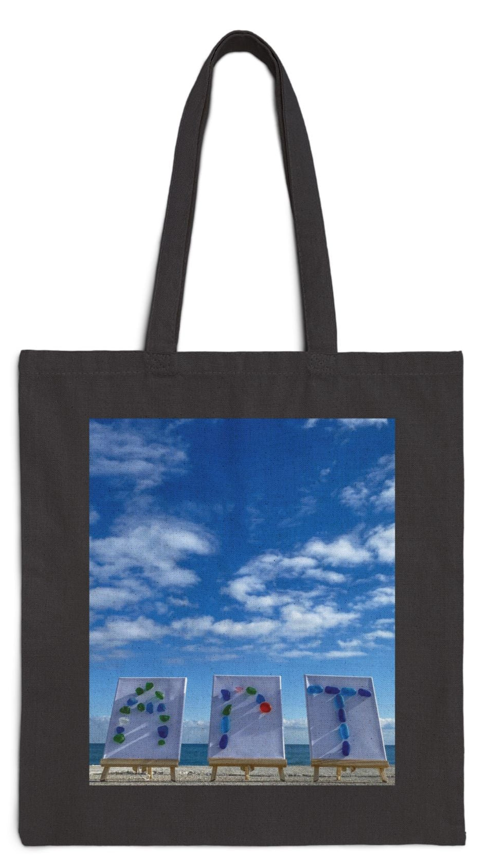 Art Tote Bag Black 15" x 16" Cotton Canvas Print on One Side. "Seaside Art"