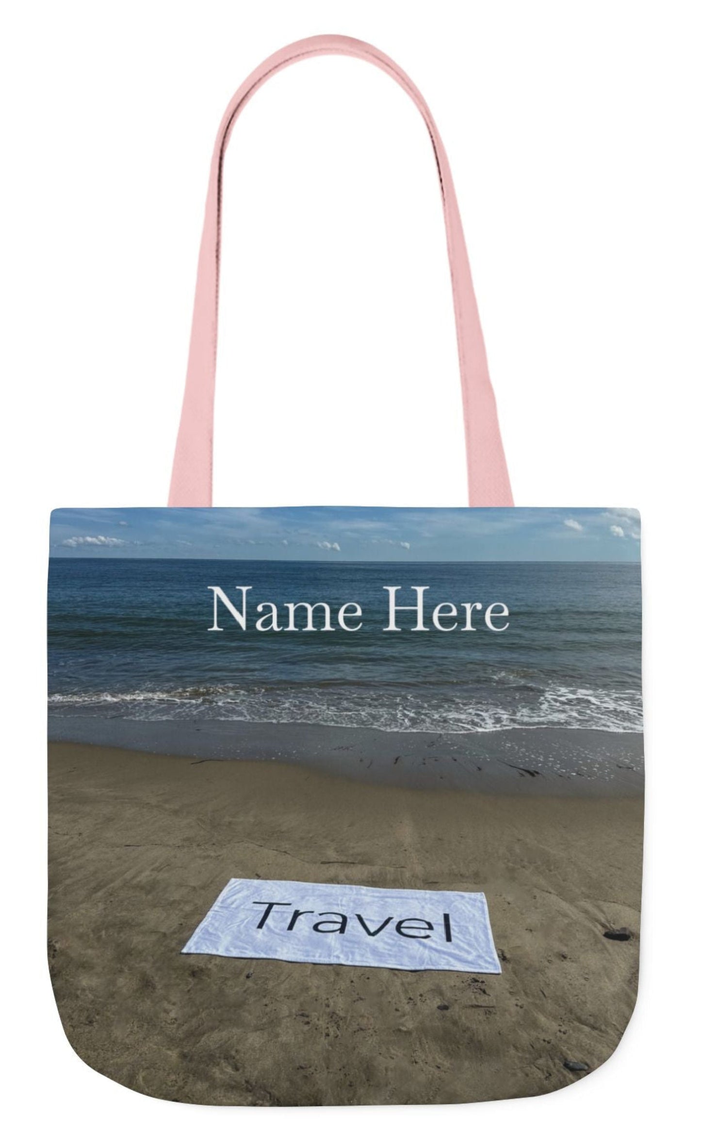 personalized travel tote bag with pink handles 18 x 18 beachfront