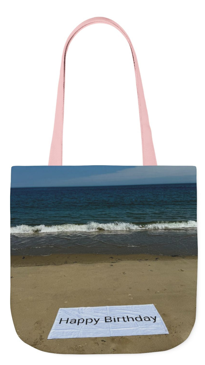 Birthday Tote Bag 13" x 13" different print on each side. 3 Handle Color Options. "Beach & Beach Sand Birthday Personalized”