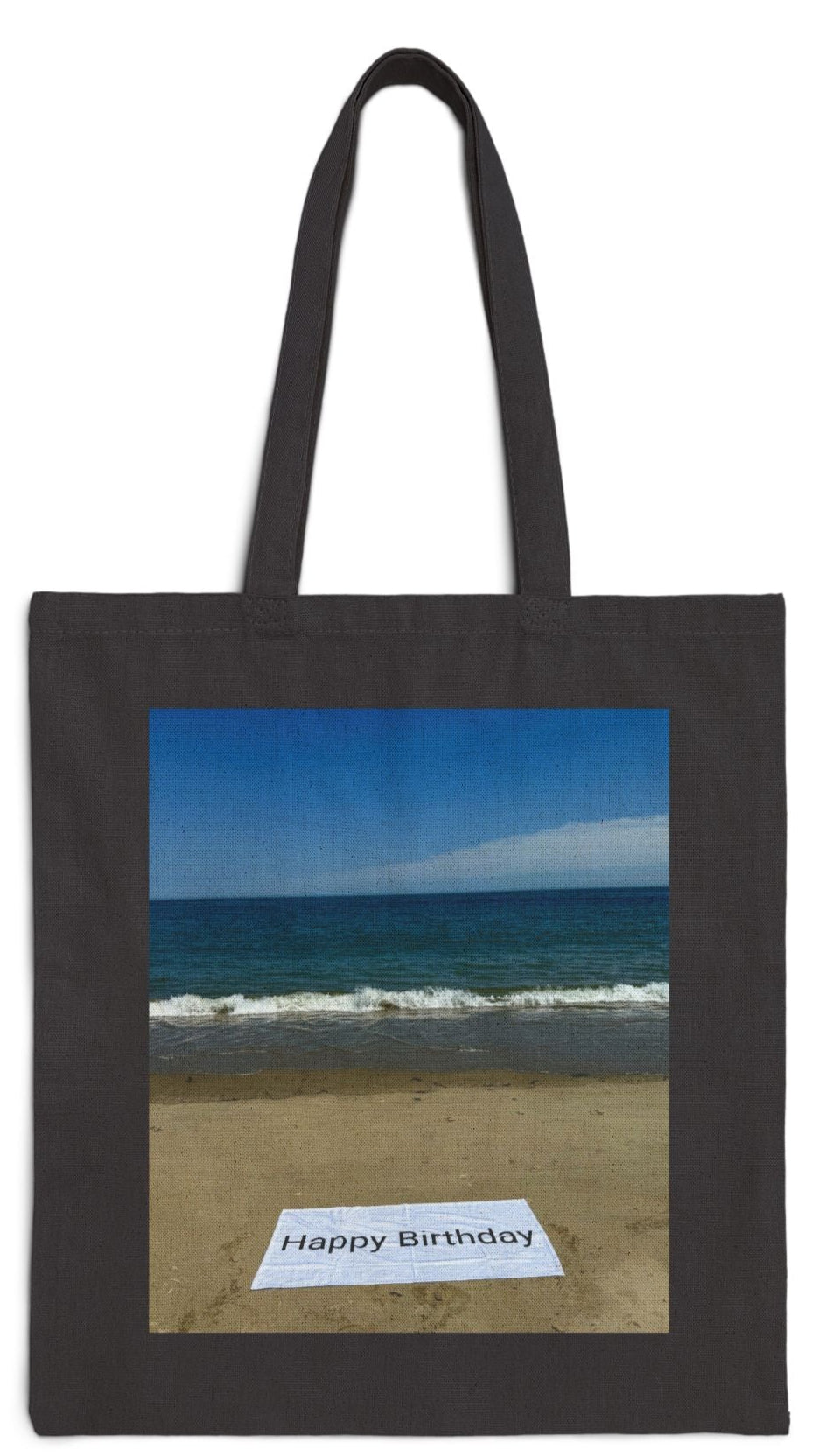 Birthday Tote Bag Black 15" x 16" Cotton Canvas Print on One Side. "Beach Sand Birthday"