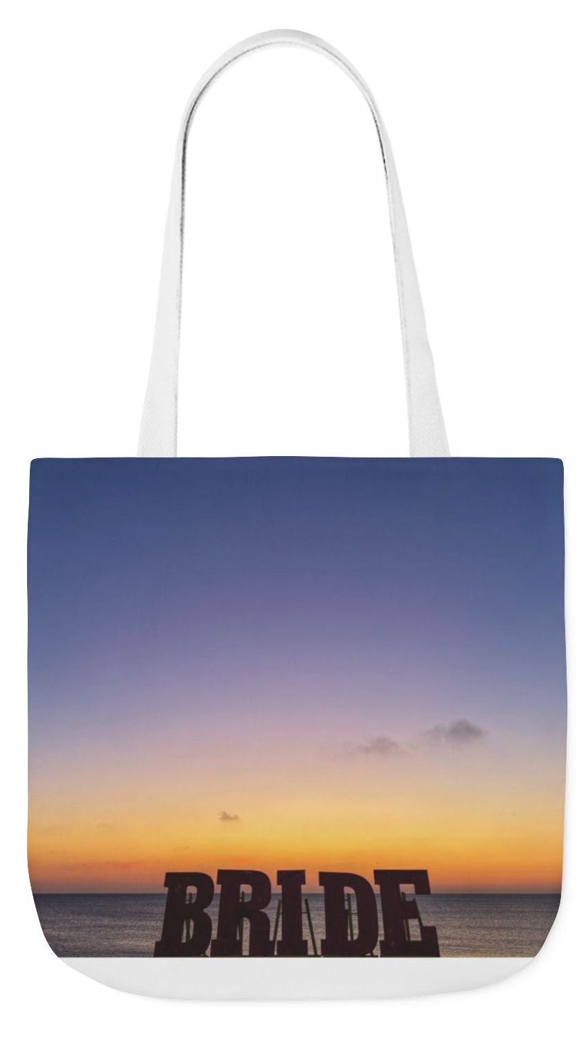 Bride Tote Bag 13” x 13” same print on each side. Handle color choice of Pink or White. “Daybreak Bride Bag”