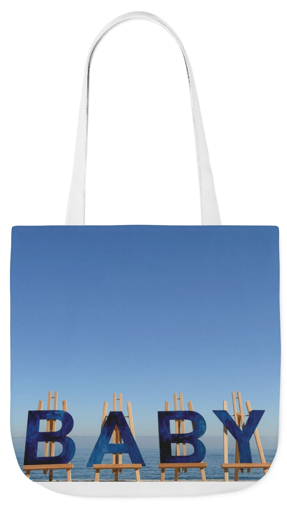 Baby Tote Bag (Blue Handles) 18” x 18”with the same print on each side. Blue or white handles option. "Shoreline Baby Tote Bag".