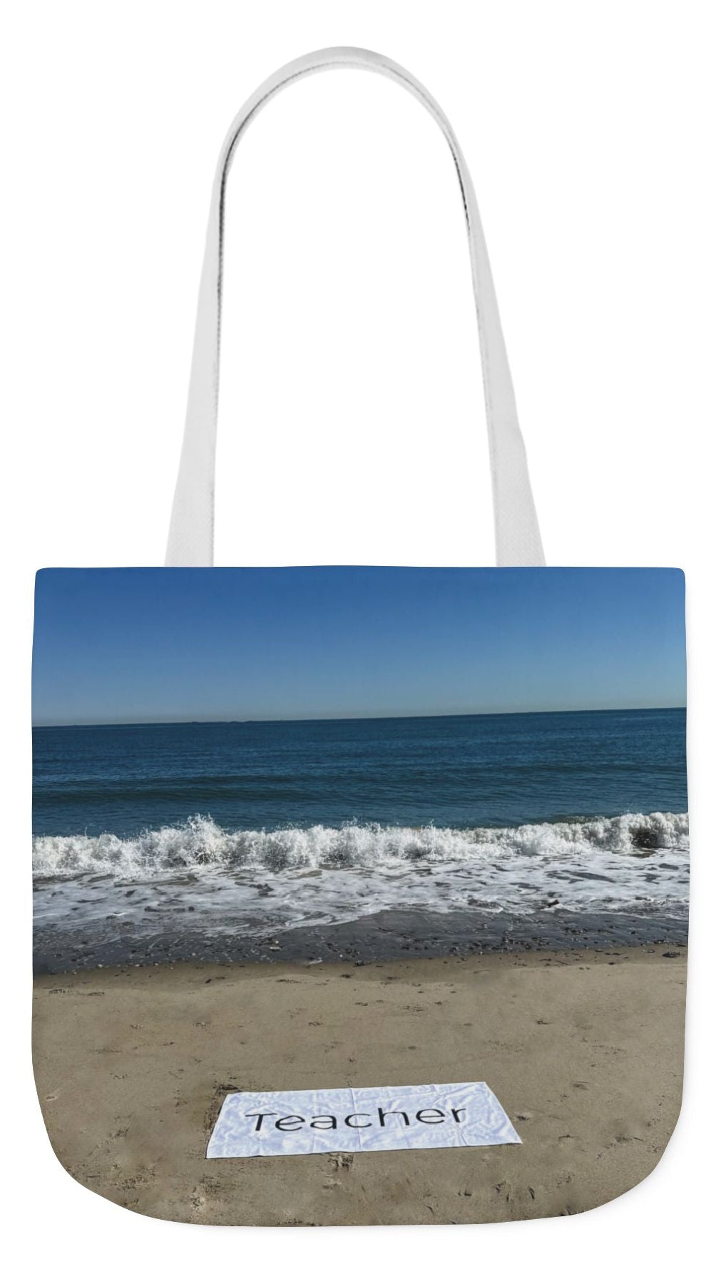 Teacher Tote Bag 18” x 18”  same print on each side. 5 Handle Color Options. “Beachfront Teacher Bag”