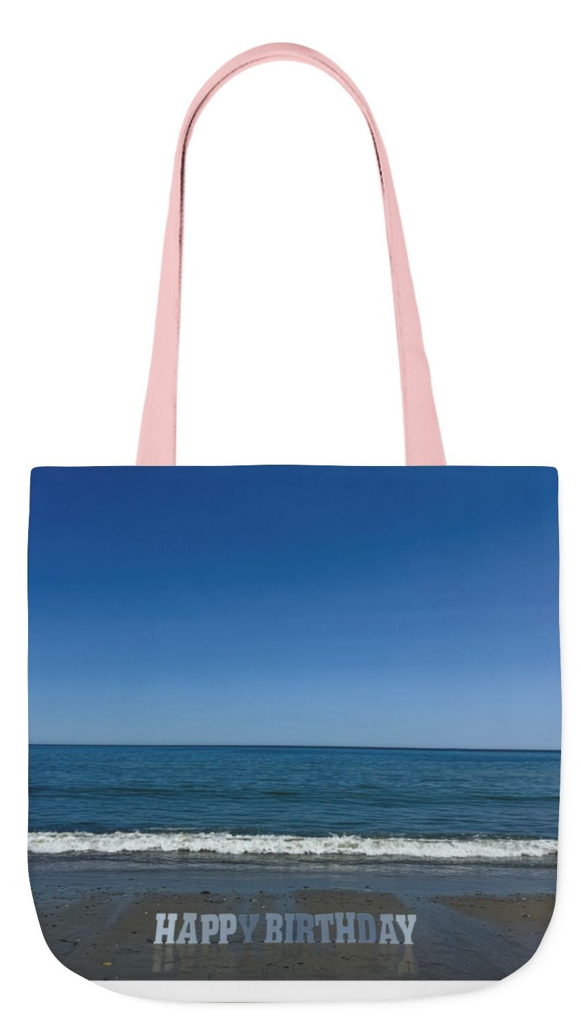 Birthday Tote Bag 13" x 13" different print on each side. 3 Handle Color Options. "Beach & Beach Sand Birthday"