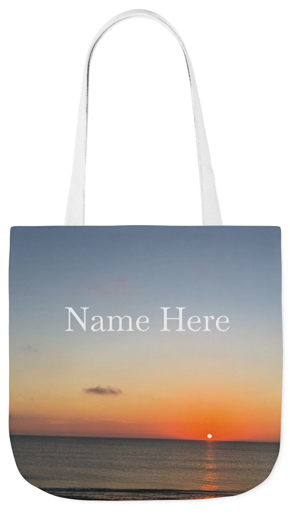 Personalized Everyday Tote Bag 18”x 18” different print on each side.5 Handle Color Options. “Seaside Sunrising Personalized”