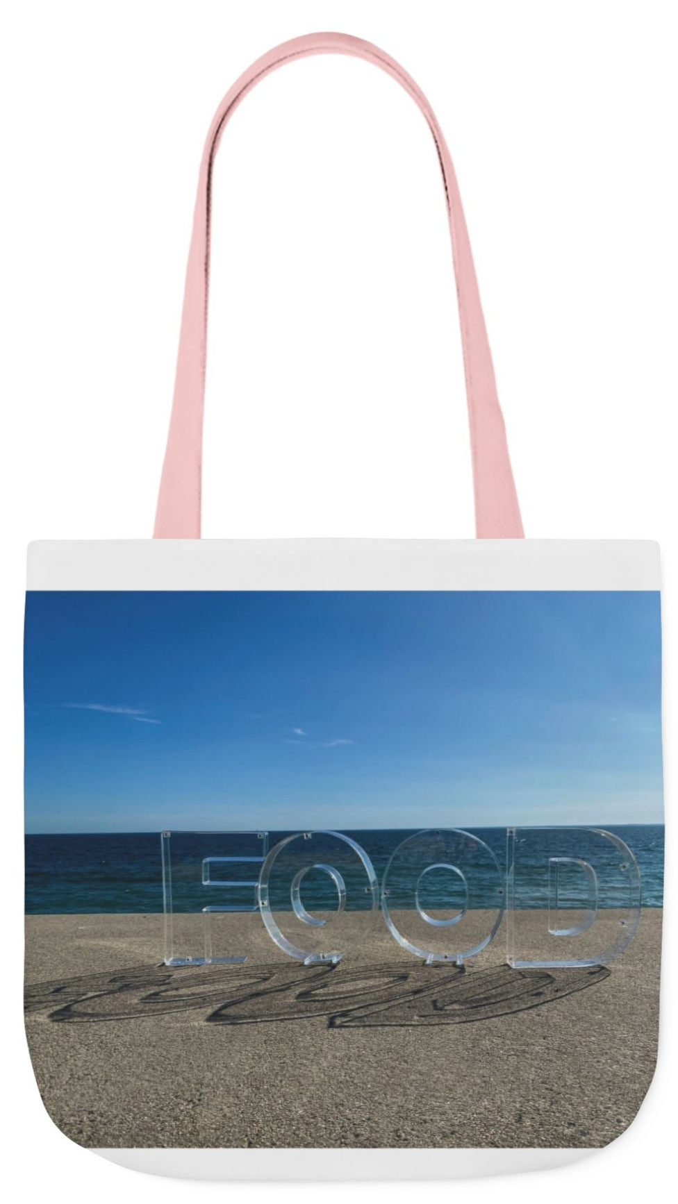 Food Tote Bag 18" x 18" Different Print on each side. 4 Handle Color Choices. "Seaside Food Reflections"