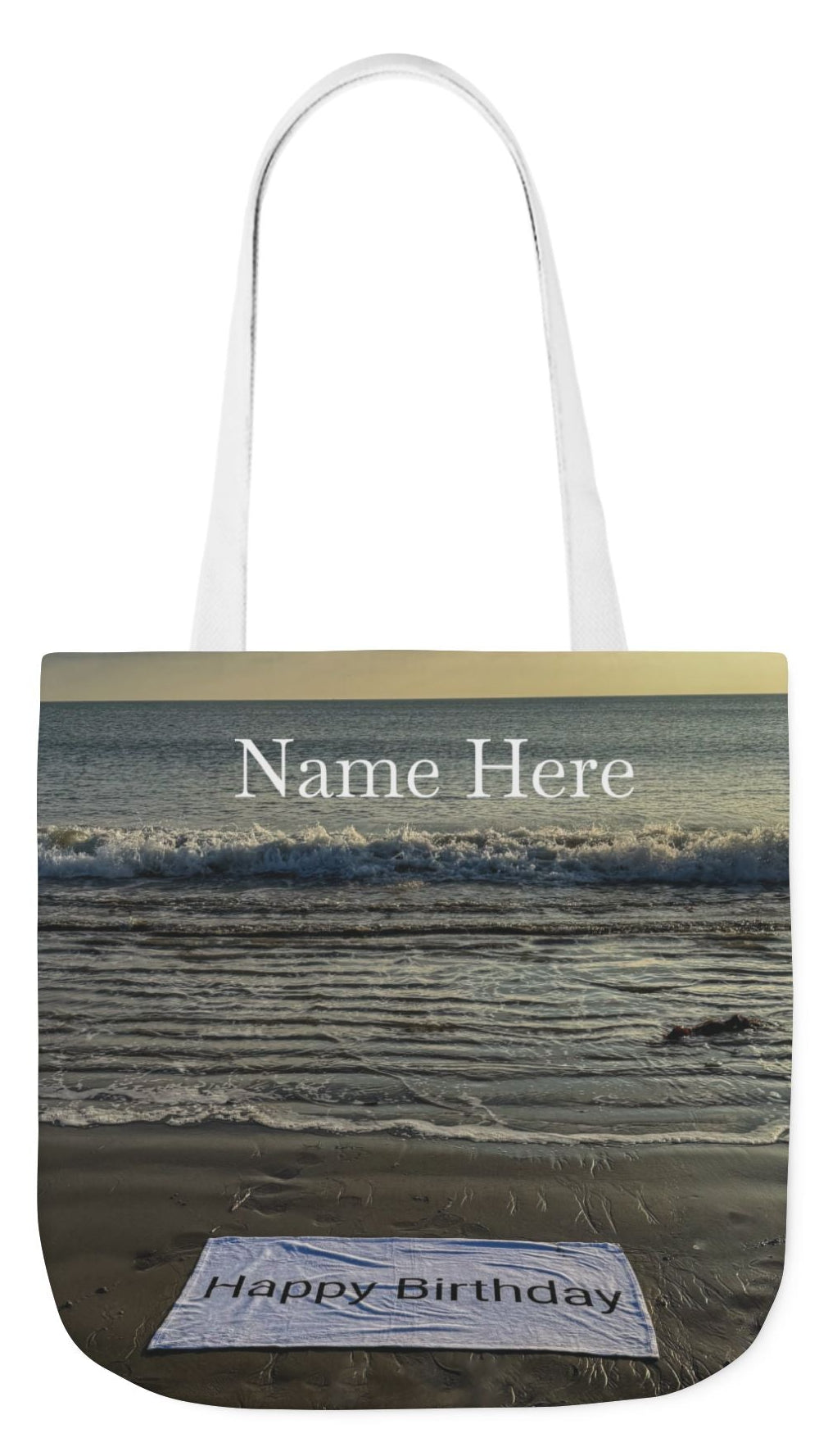 Birthday Tote Bag 18” x 18” different print on each side. 3 Handle Color Options. “Beach & Beachfront Birthday Bag Personalized”