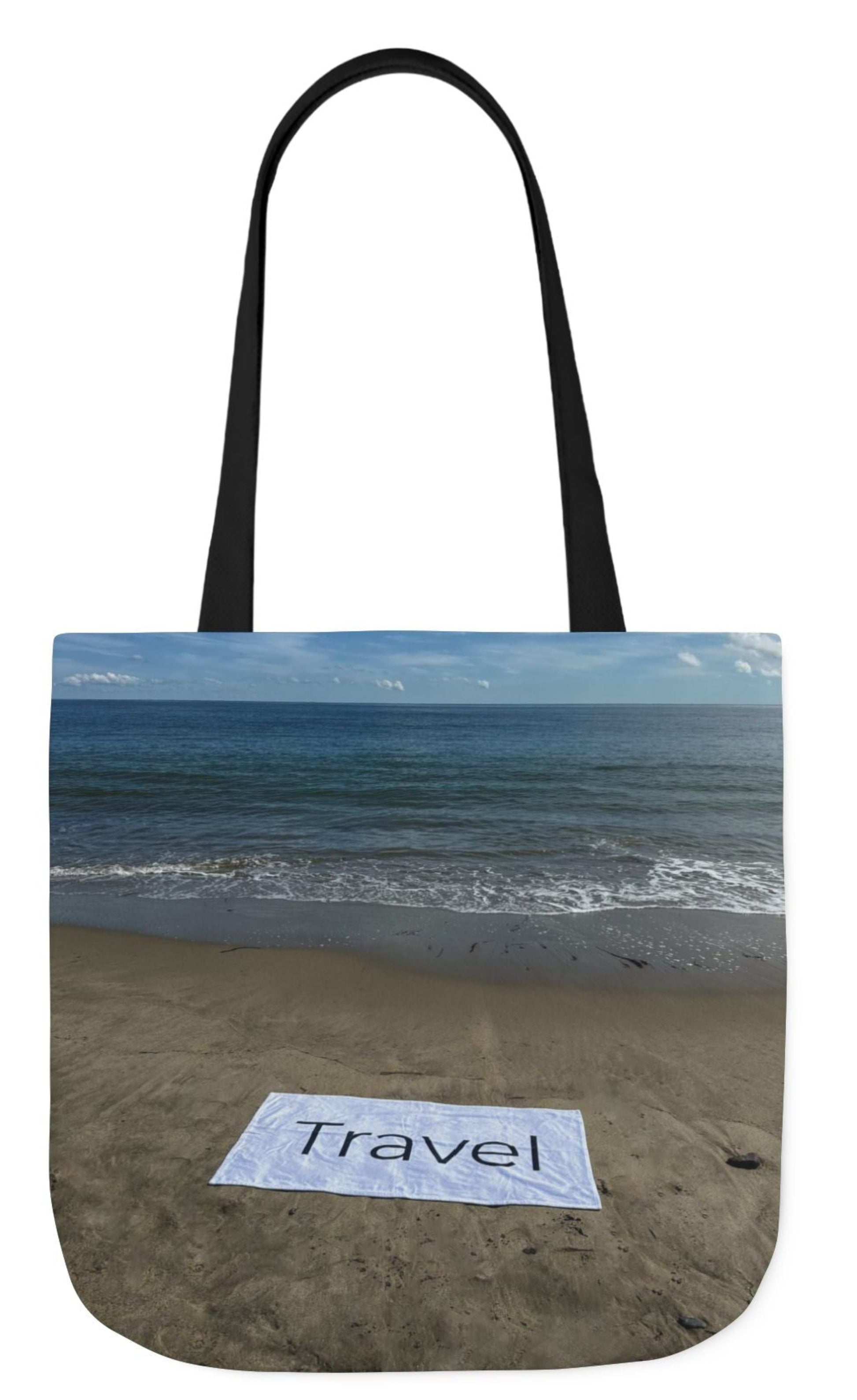 travel tote bag with black handles same beach scene each side
