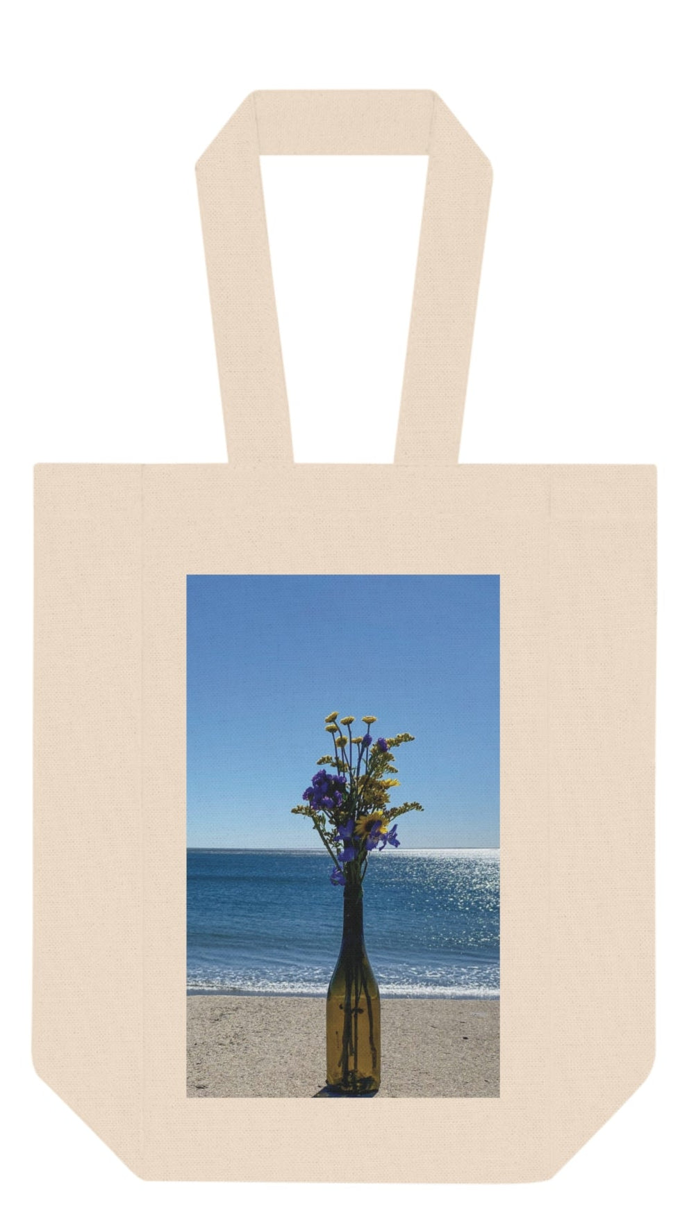 Wine Tote Bag Double (Two Bottles) Print on One Side. "Shoreline Flowers in a Bottle"