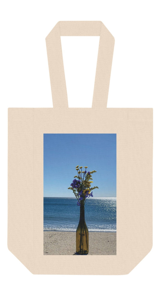 Wine Tote Bag Double (Two Bottles) Print on One Side. "Shoreline Flowers in a Bottle"