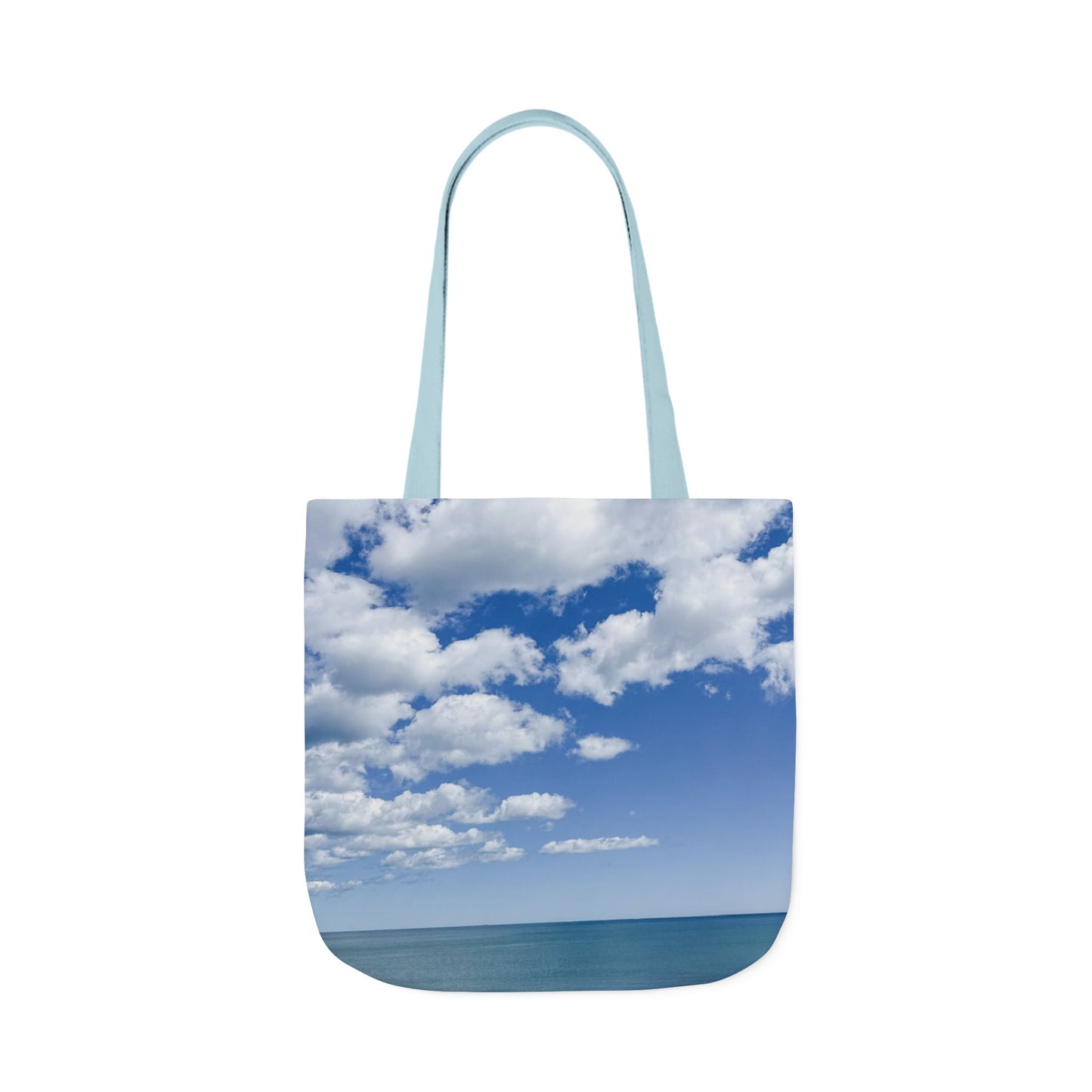 Everyday Tote Bag 18” x 18” same print on each side. 3 Handle Color Options. “Seaside Bright Clouds Personalized”