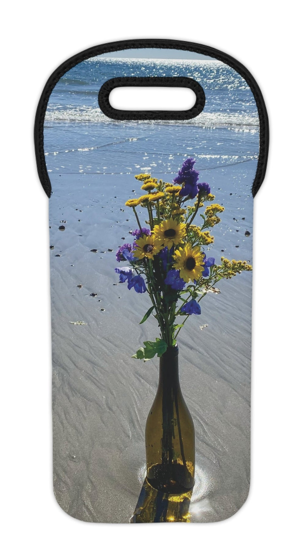 Wine Tote Bag for 1 Bottle with Same Print on Both Sides. "Beachy Flowers in a Bottle"
