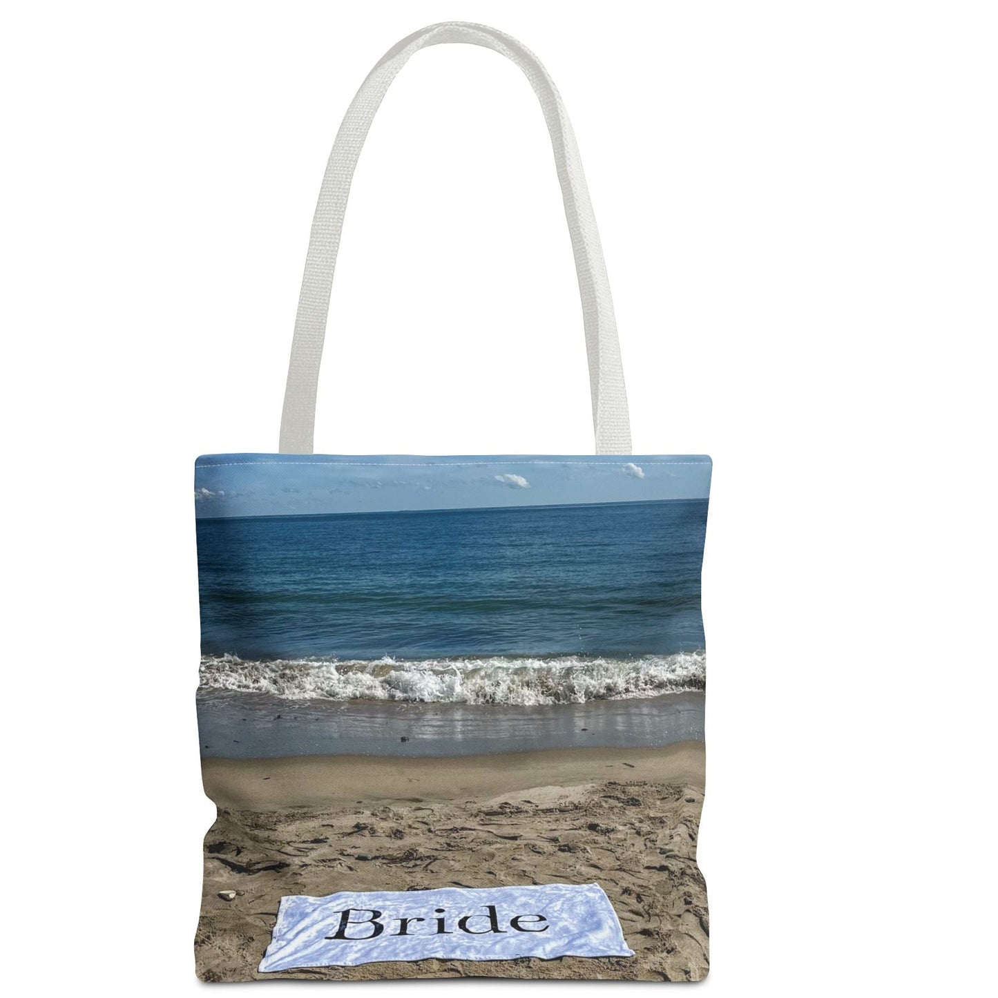 Bride Tote Bag 13”, 16”, 18" Same Print on Both Sides with White Handles. "Beach Sand Bride Bag"