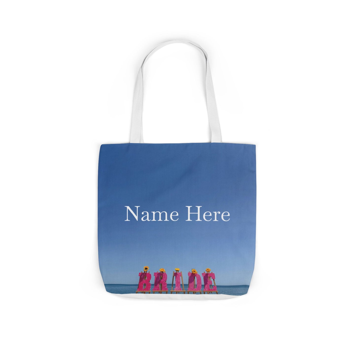 Bride Tote Bag 18" x 18" same print on each side. Pink or White Handles option. "Shoreline Bride Bag Personalized"