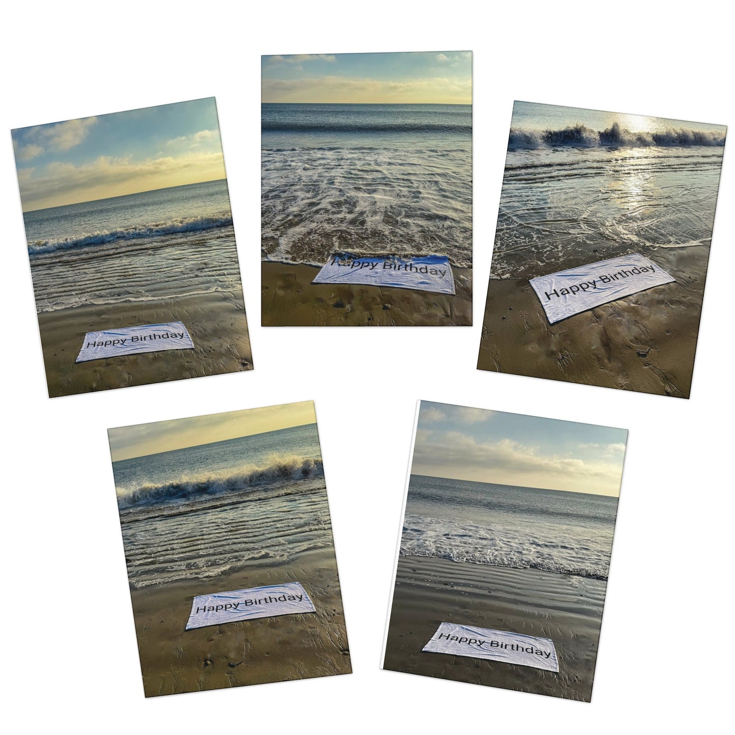 Set of 5 Different Beachside Birthday Cards with envelopes.
