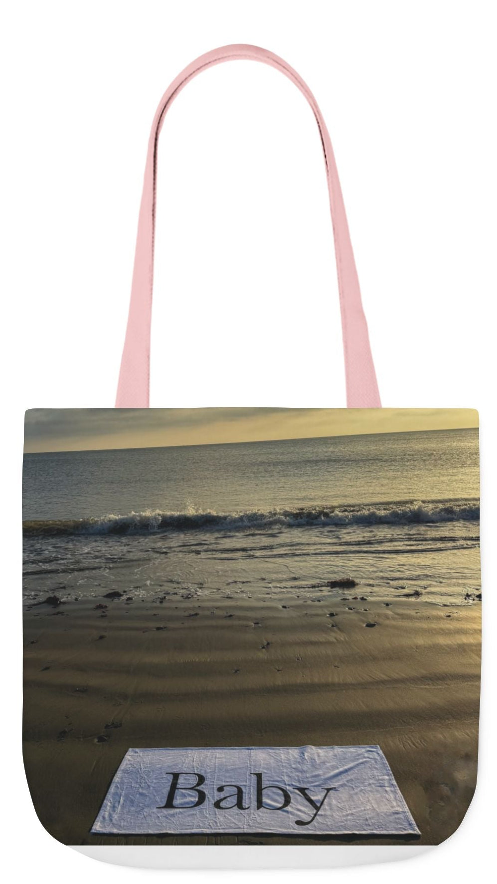 Baby Tote Bag 18" x 18" different print on each side. Handles color choice of White, Blue or Pink. "Daybreak & Sunny Seaside Baby Tote Bag"