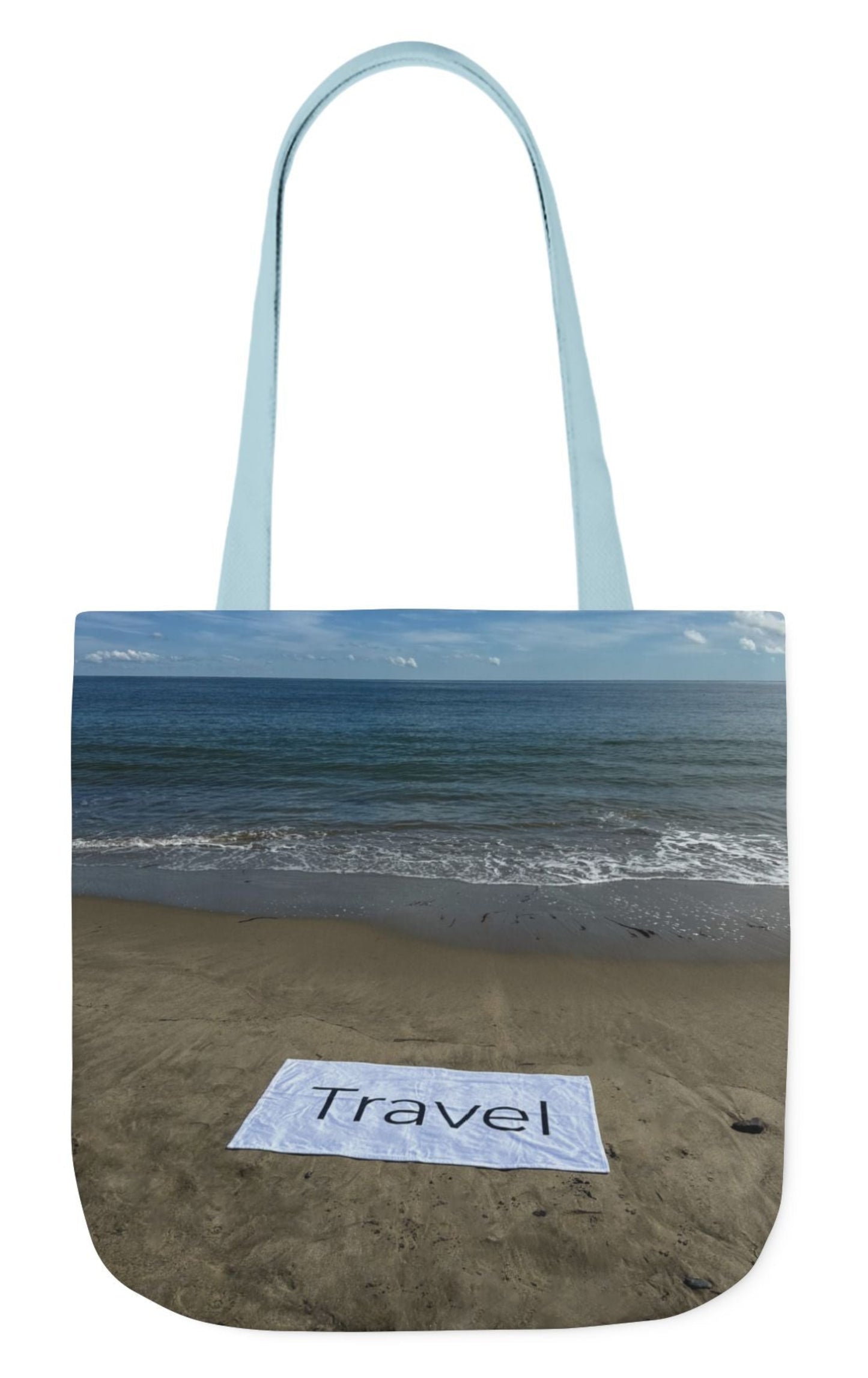back of personalized travel tote bag with blue handles 18 x 18 beachfront