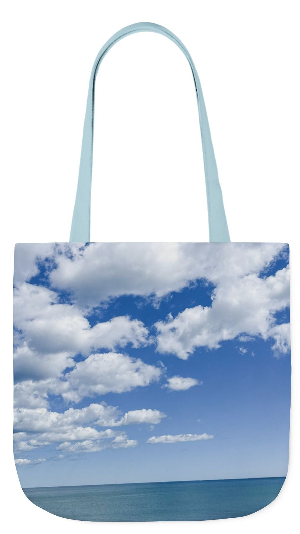 Personalized Everyday Tote Bag 18” x 18” same print on each side. 3 Handle Color Options. “Seaside Bright Clouds”