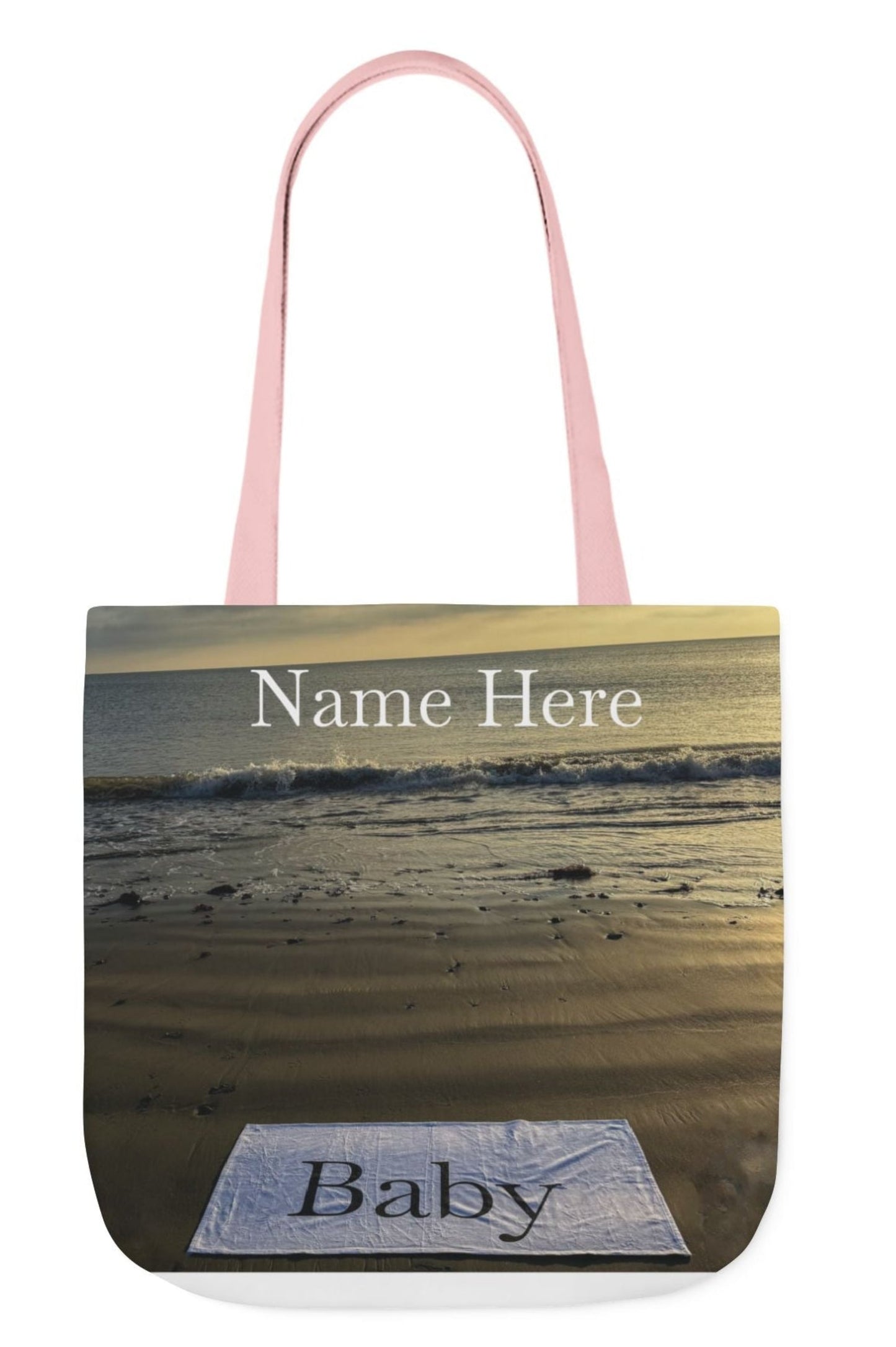 personalized baby tote bag beach theme different print on each side pink handles 18" x 18"