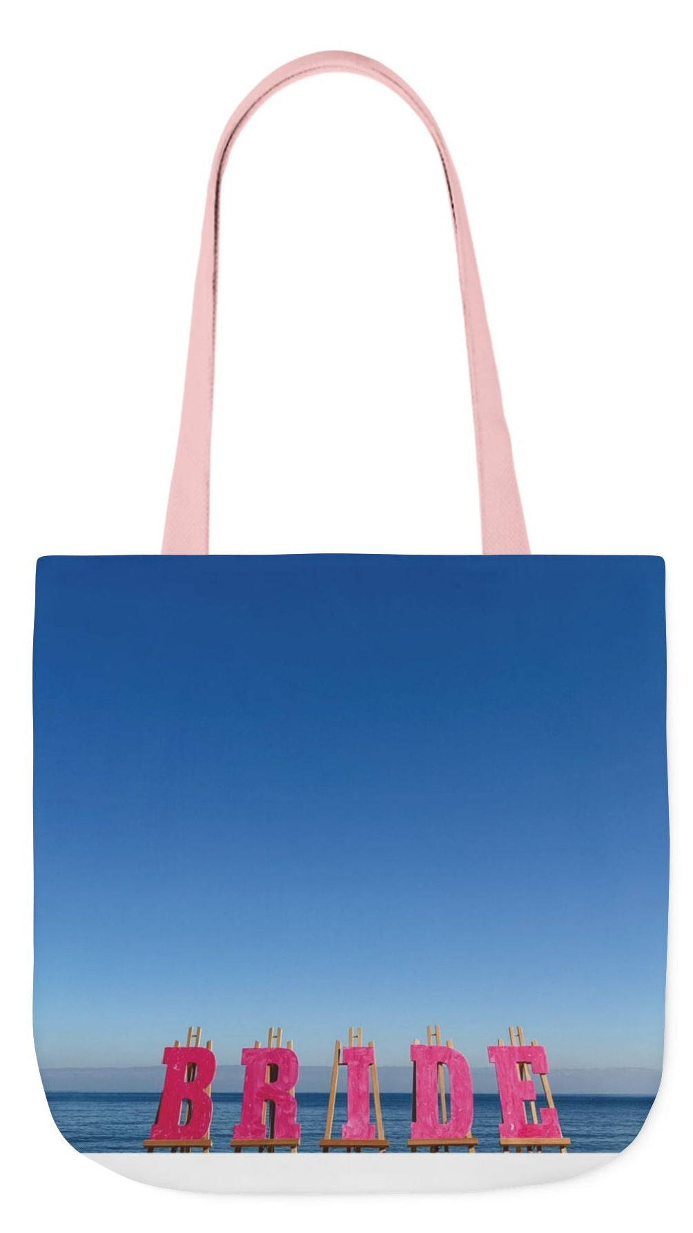 Bride Tote Bag 18" x 18" with allover same print on each side. Pink or white handle choice. "Seaside Bride Bag"