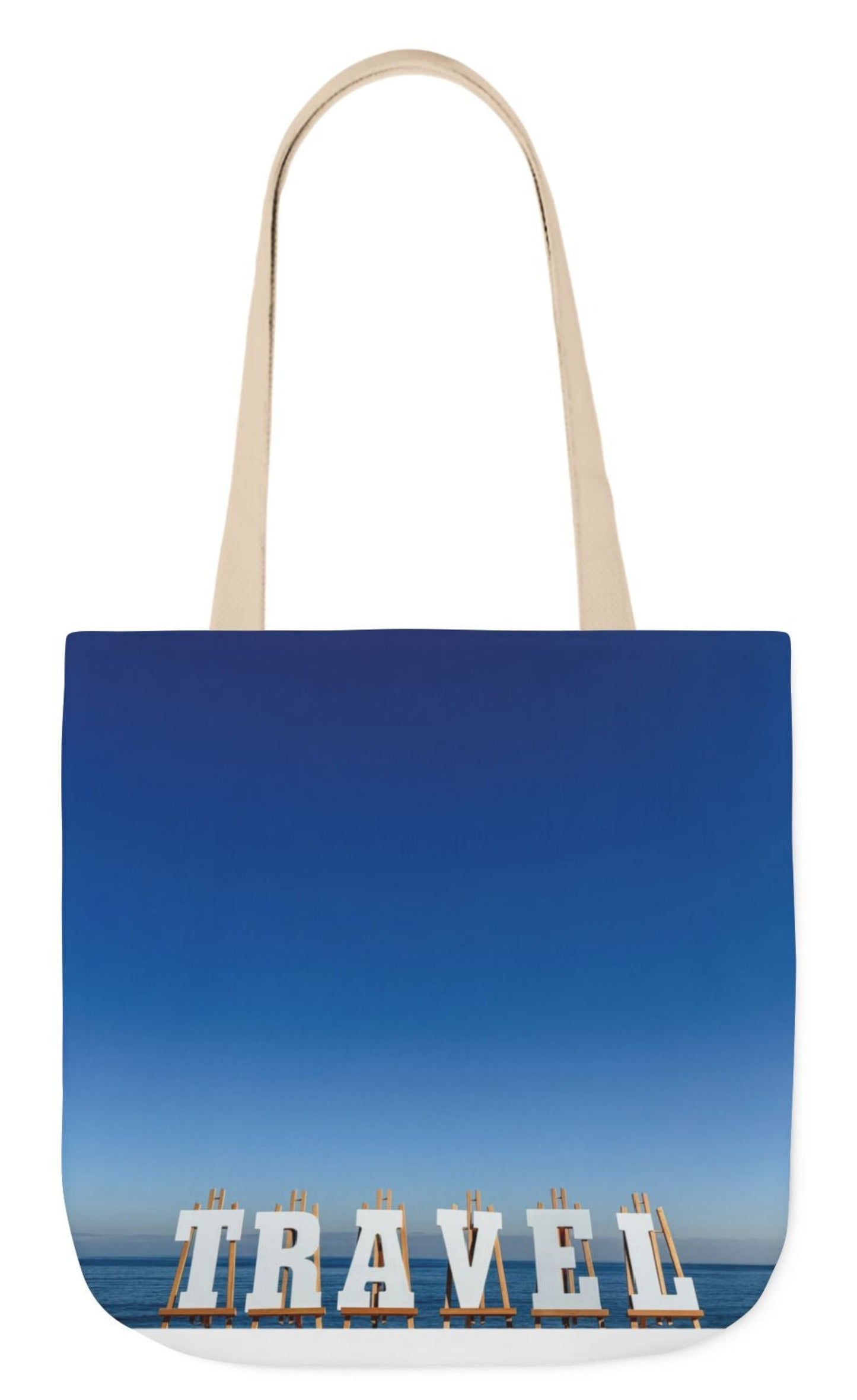 double sided travel tote bag with beige handles 18 x 18