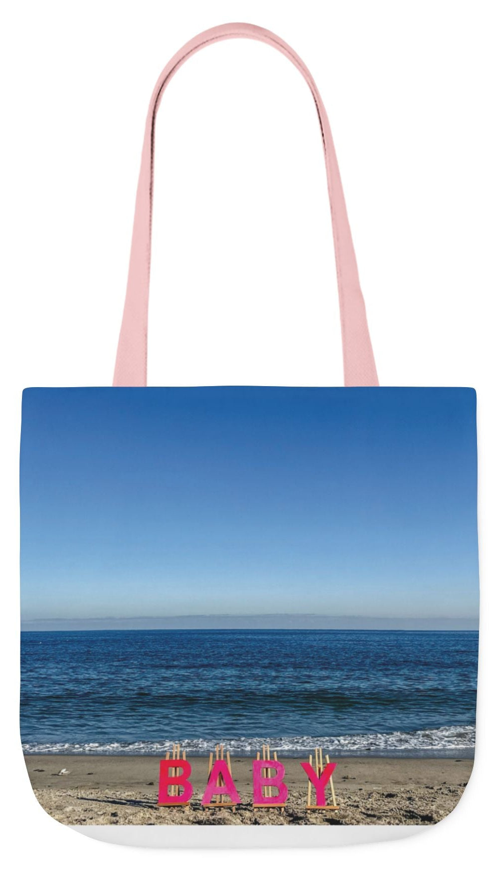 Baby Tote Bag (Pink Handles) 18”x 18” same print on each side with pink or white handle options. “Beach Baby Tote Bag”.